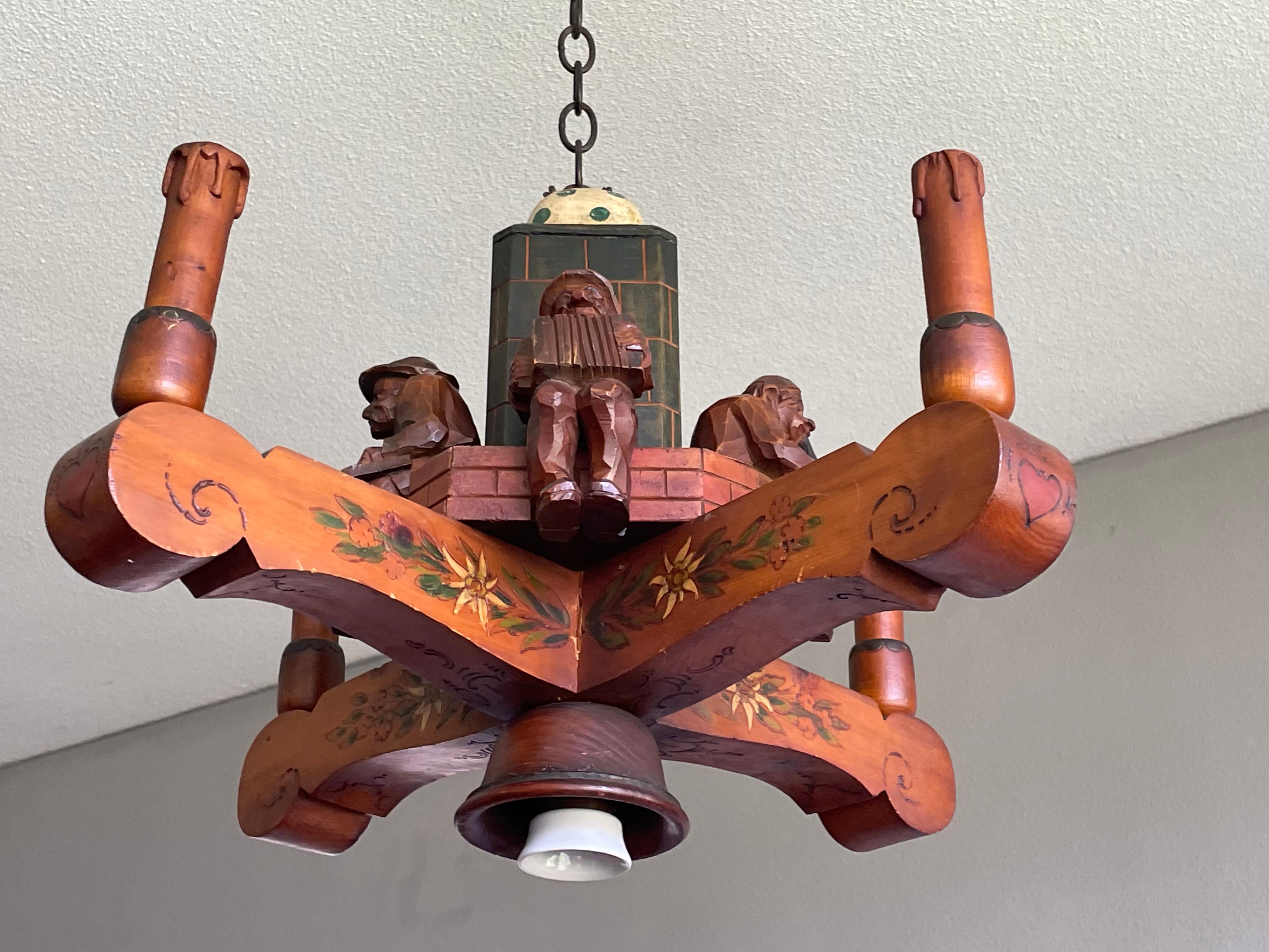 Unique and all handcrafted, practical size antique chandelier.

Some chances you only get once in your life and that is exactly what we thought when we first saw this unique Arts & Crafts pendant. In the earliest years of the 1900s creating