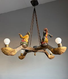 Arts & Crafts Folk Art Chandelier with Four Folkloristic Male Figures