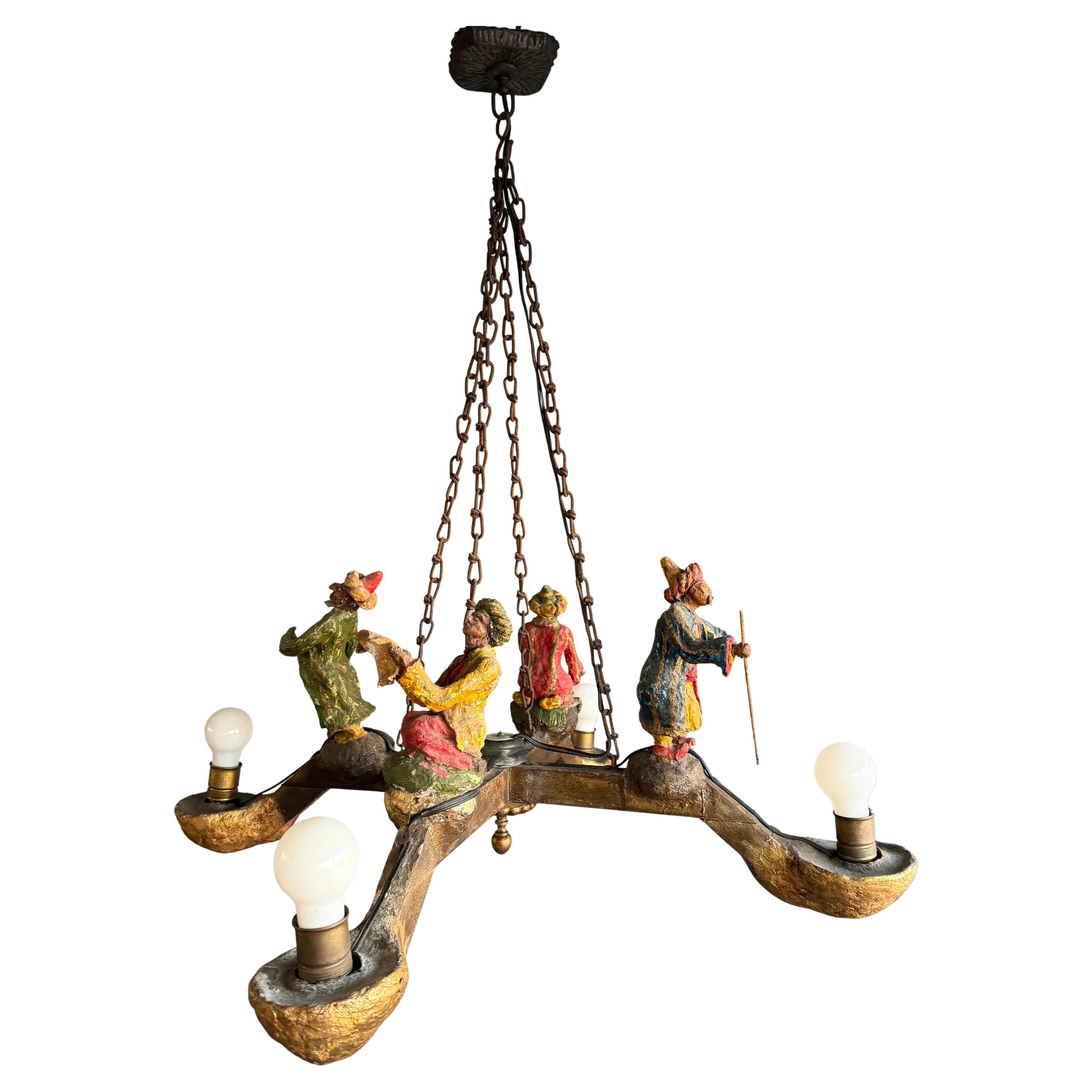 Arts & Crafts Folk Art Chandelier with Four Folkloristic Male Figures