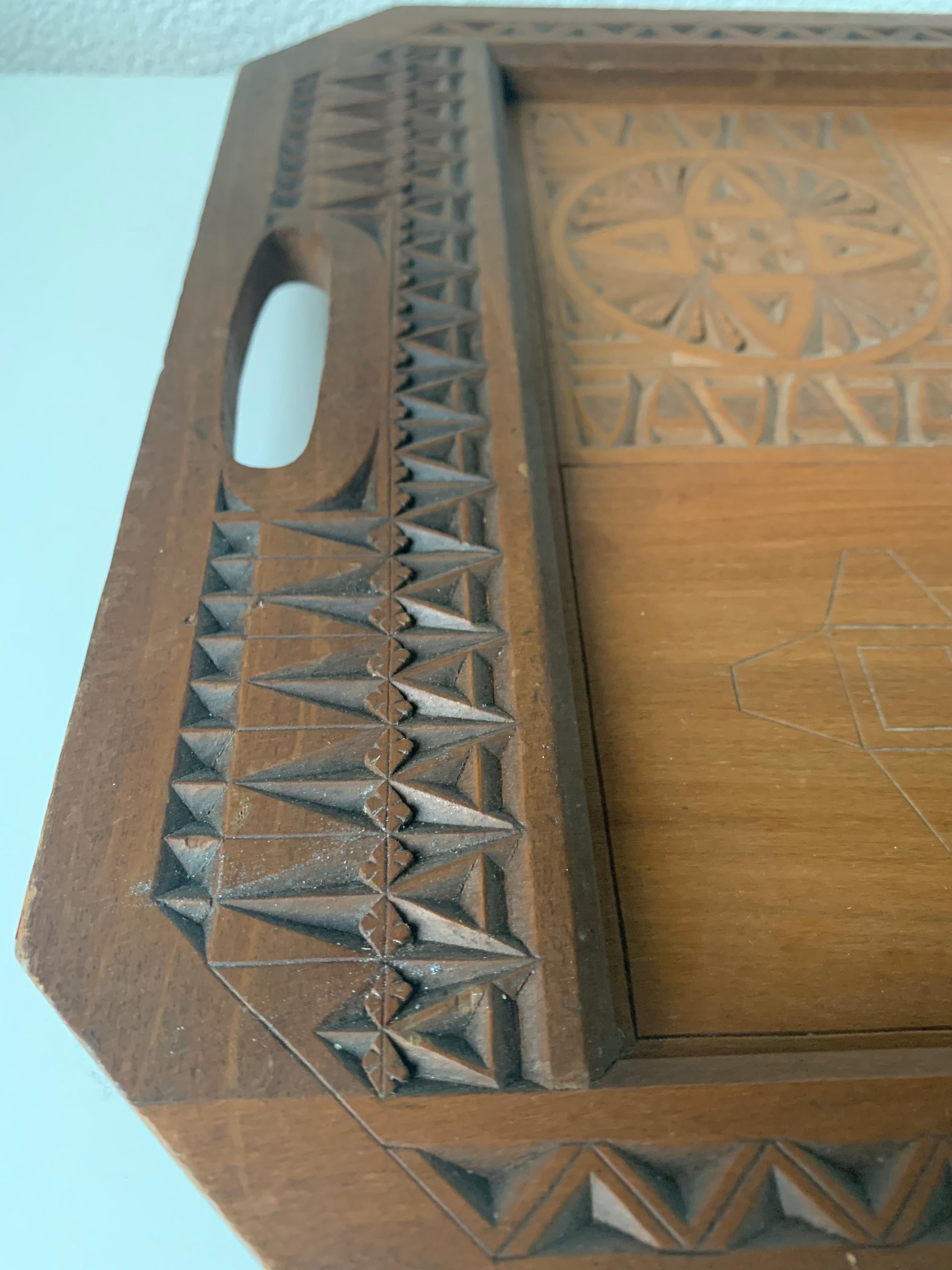 Wood Arts & Crafts Folk Art Serving Tray with Hand Carved Geometric Motifs For Sale