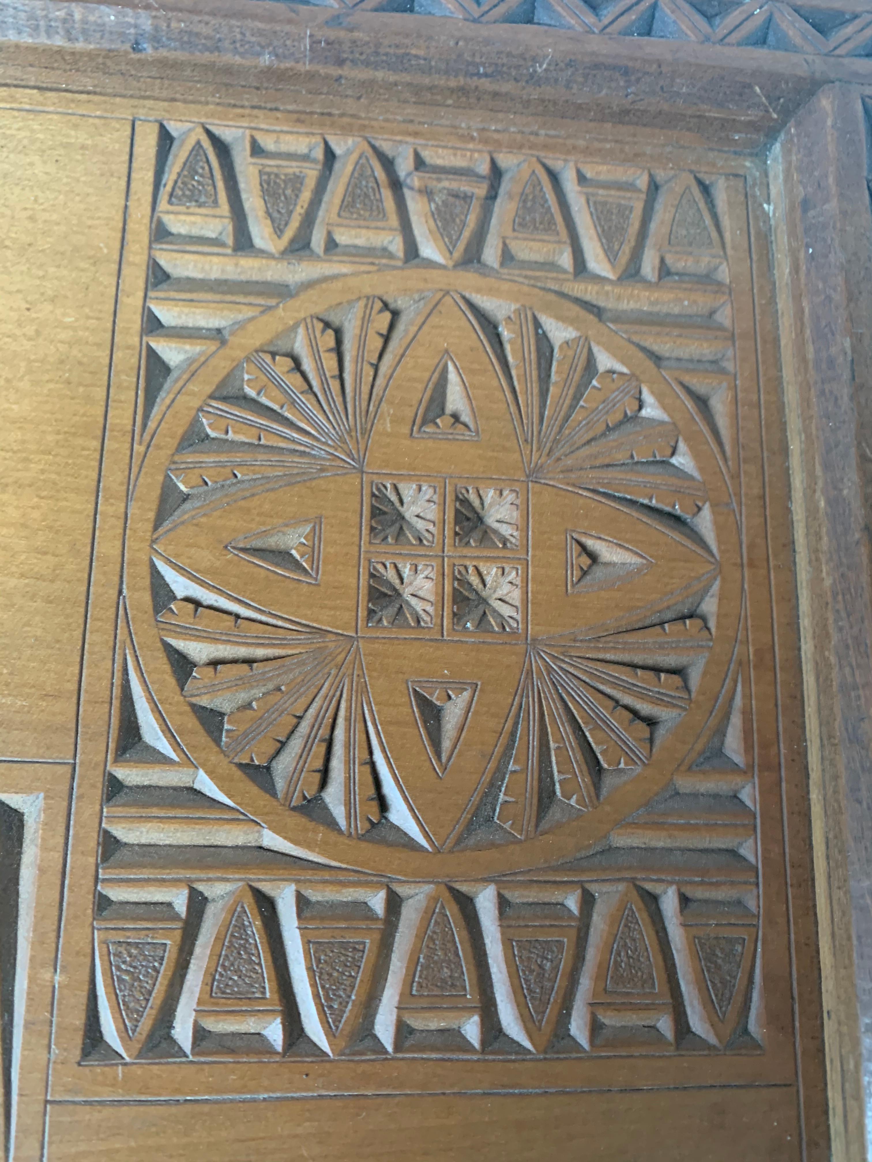 Arts & Crafts Folk Art Serving Tray with Hand Carved Geometric Motifs For Sale 3