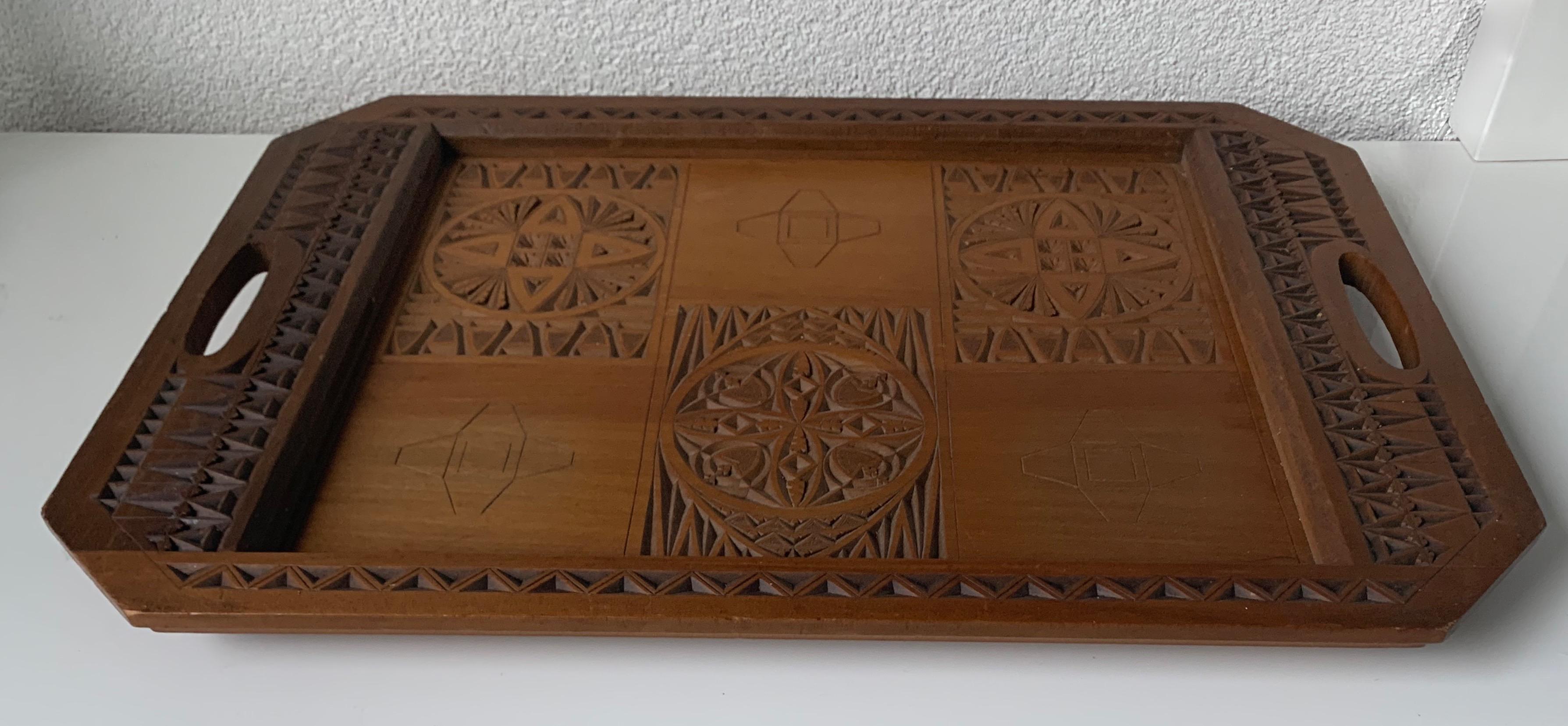 Arts and Crafts Arts & Crafts Folk Art Serving Tray with Hand Carved Geometric Motifs For Sale
