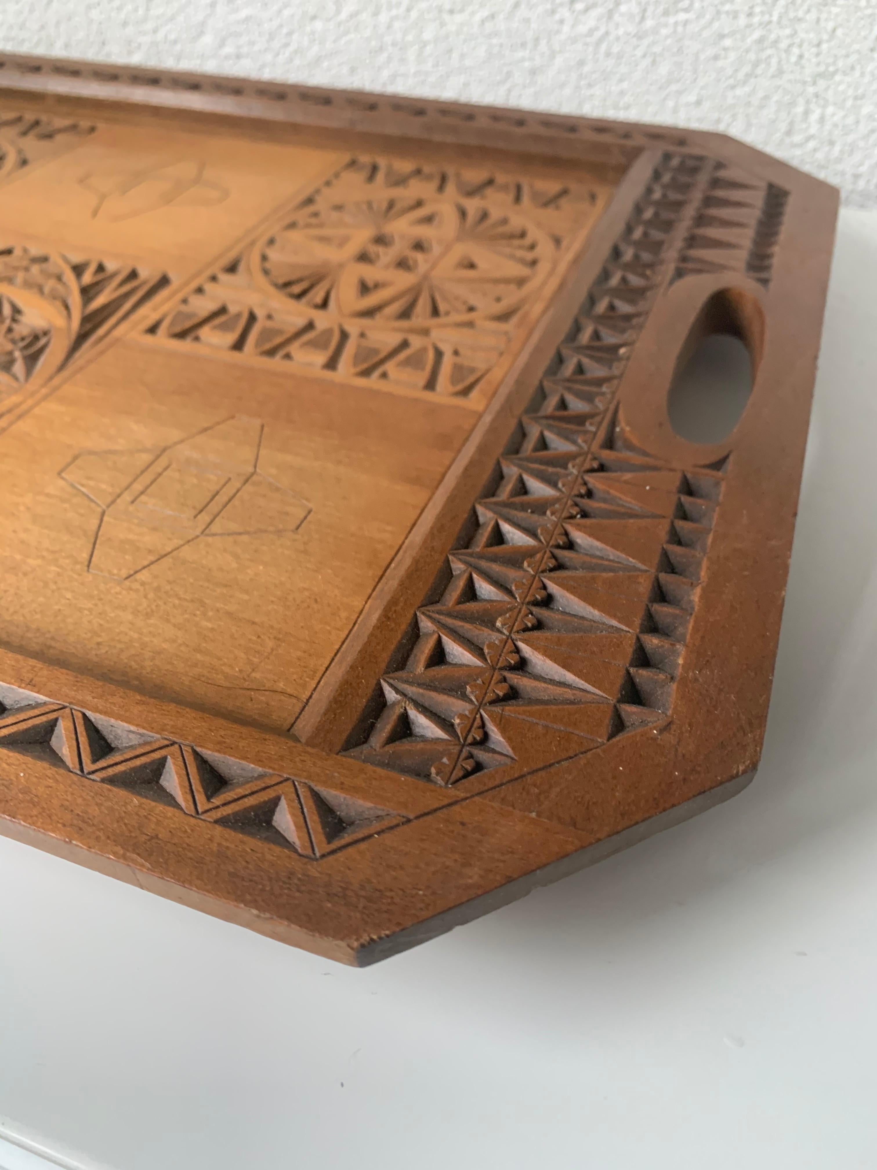 European Arts & Crafts Folk Art Serving Tray with Hand Carved Geometric Motifs For Sale