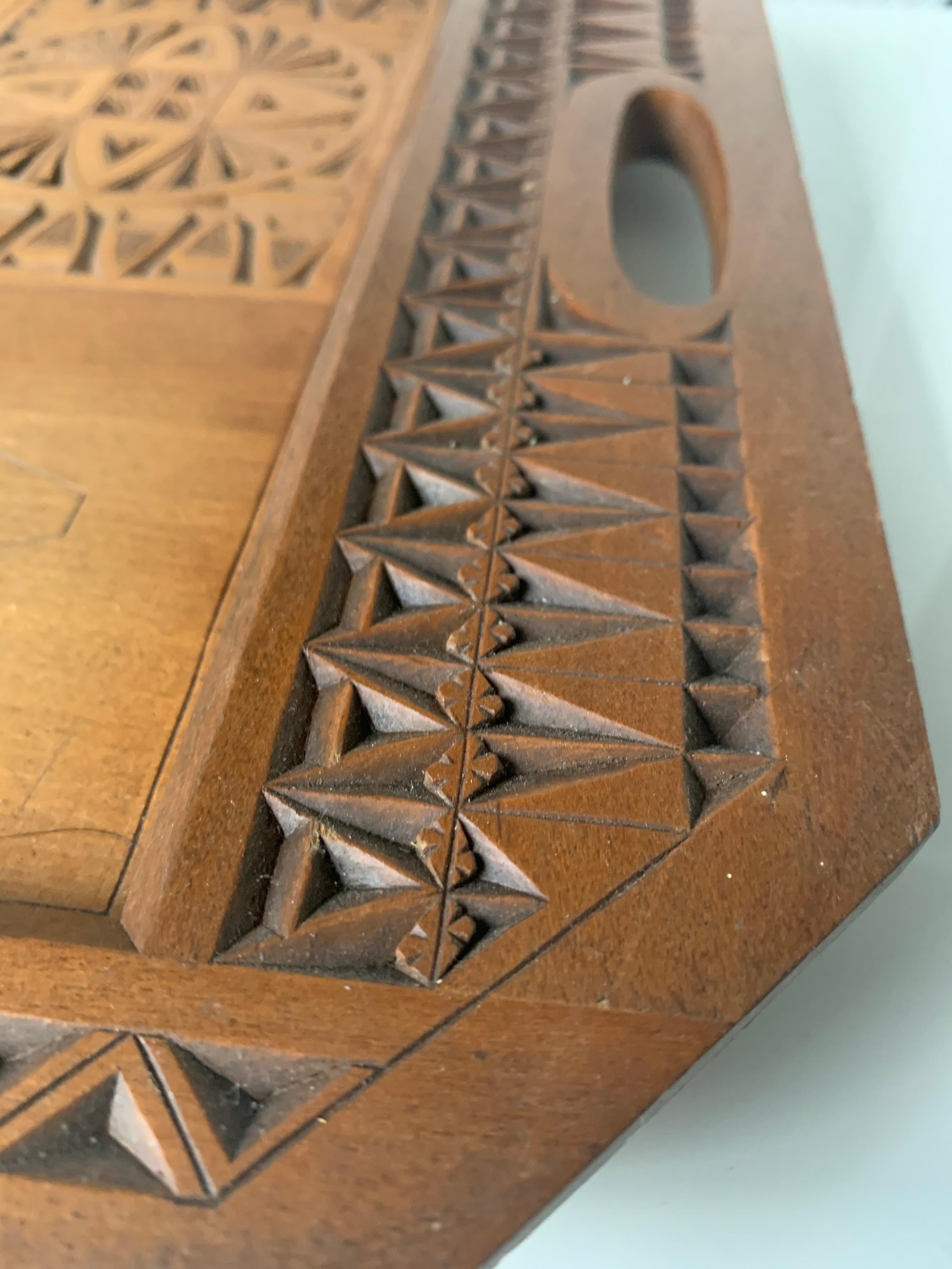 Hand-Crafted Arts & Crafts Folk Art Serving Tray with Hand Carved Geometric Motifs For Sale