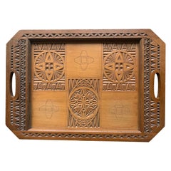 Arts & Crafts Folk Art Serving Tray with Hand Carved Geometric Motifs