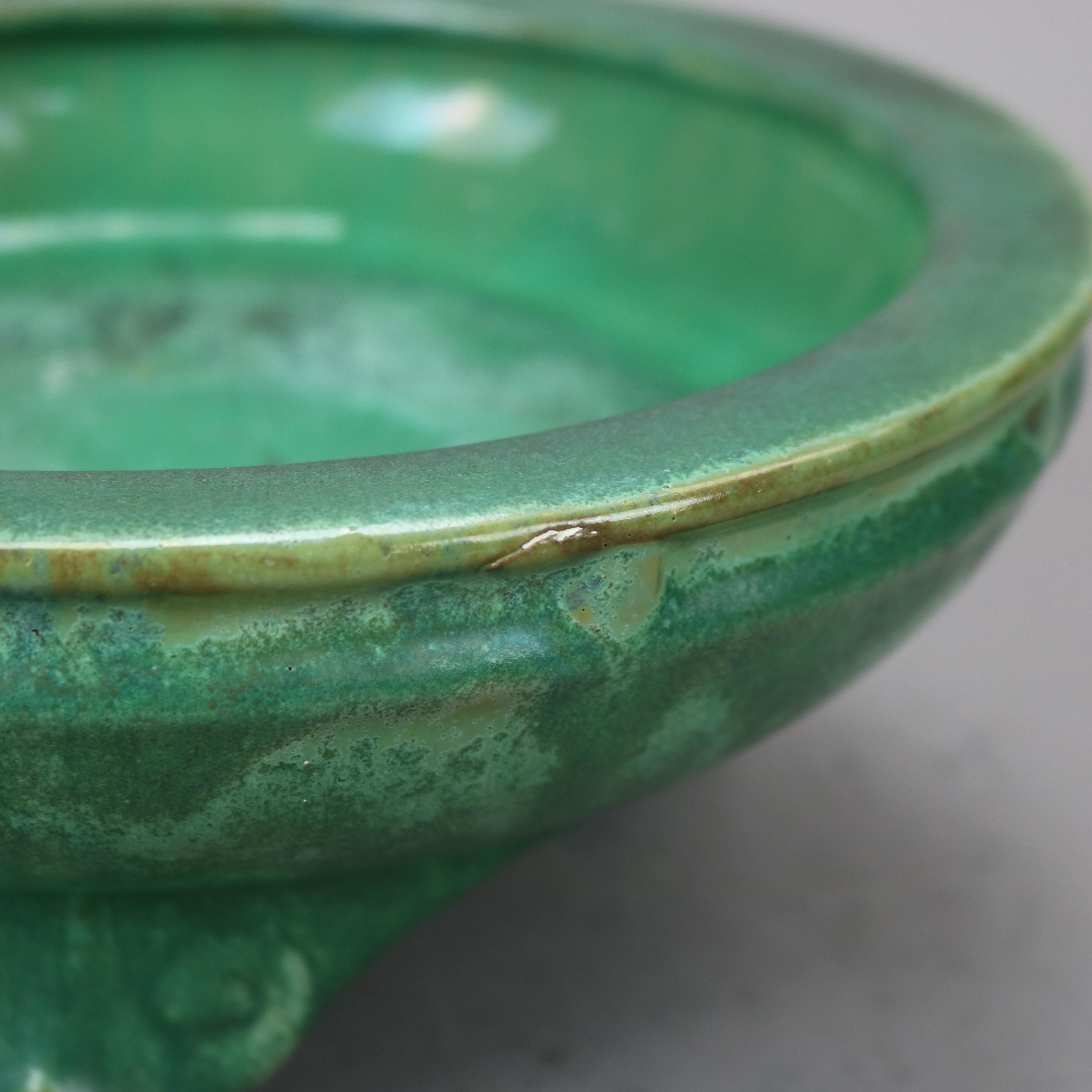 20th Century Arts & Crafts Fulper Green Glazed Art Pottery Footed Low Center Bowl c1920