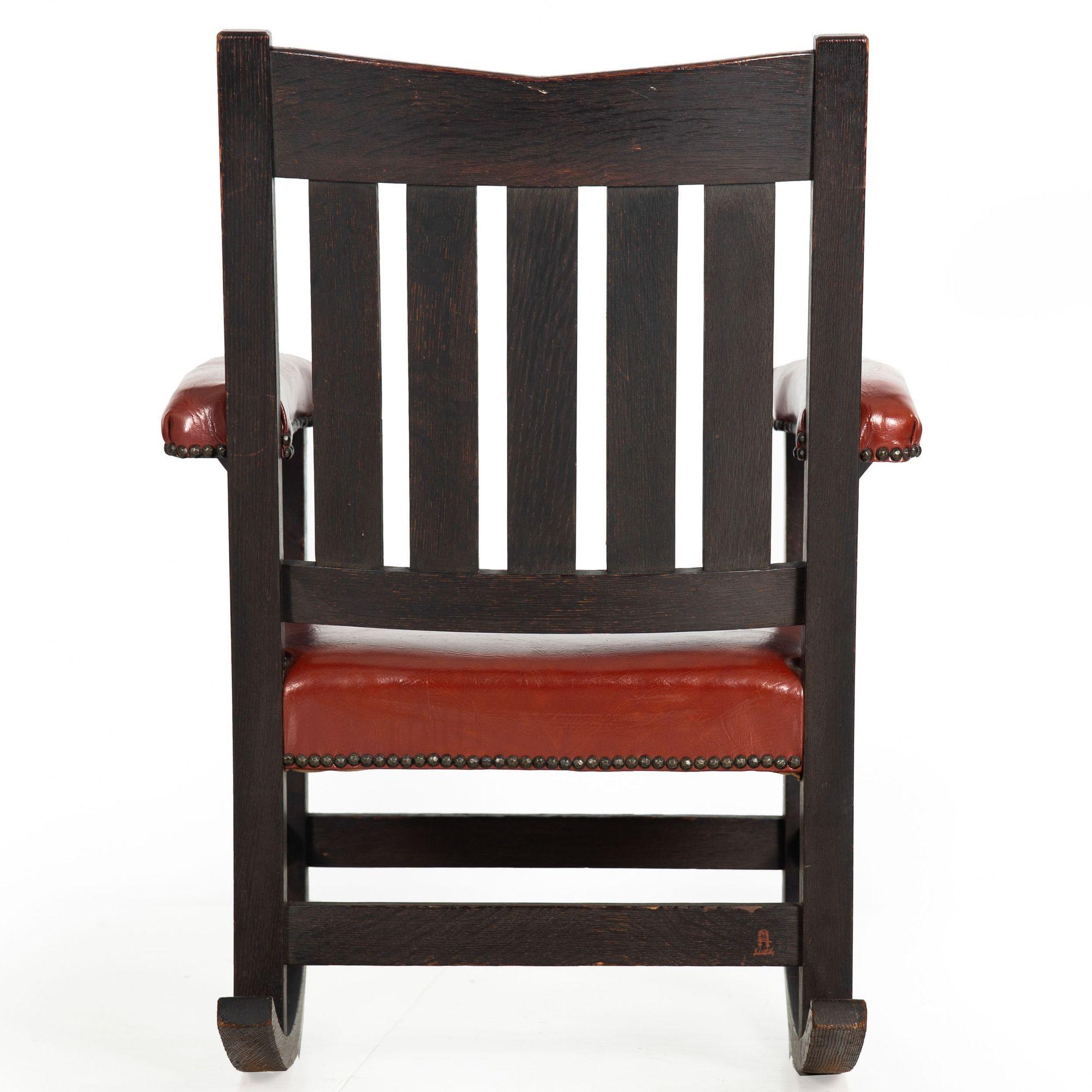 American Arts & Crafts Fumed Oak Rocking Chair by Gustave Stickley, no. 311 1/2 For Sale