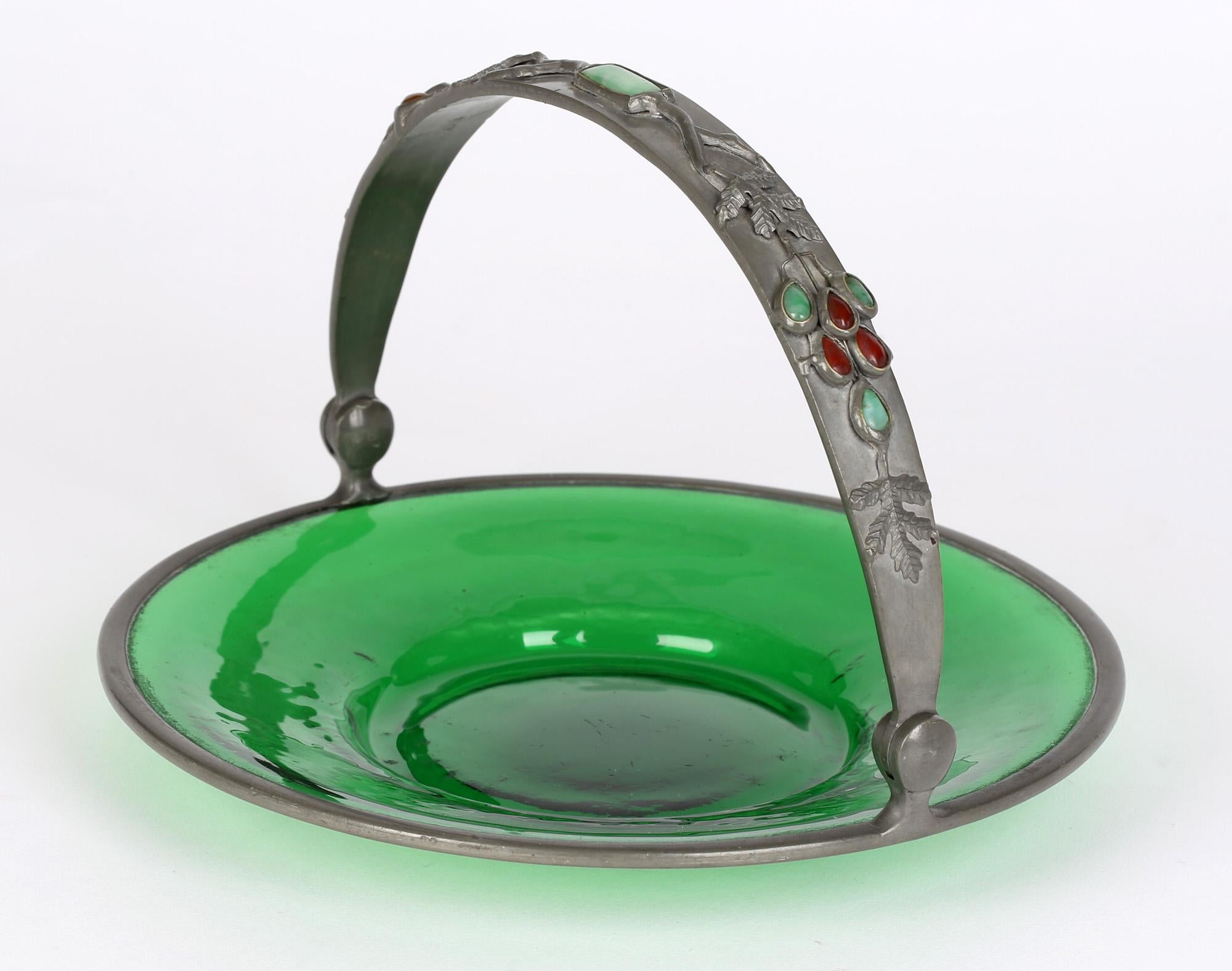 Arts & Crafts Gem Set Pewter Mounted Green Glass Dish For Sale 2