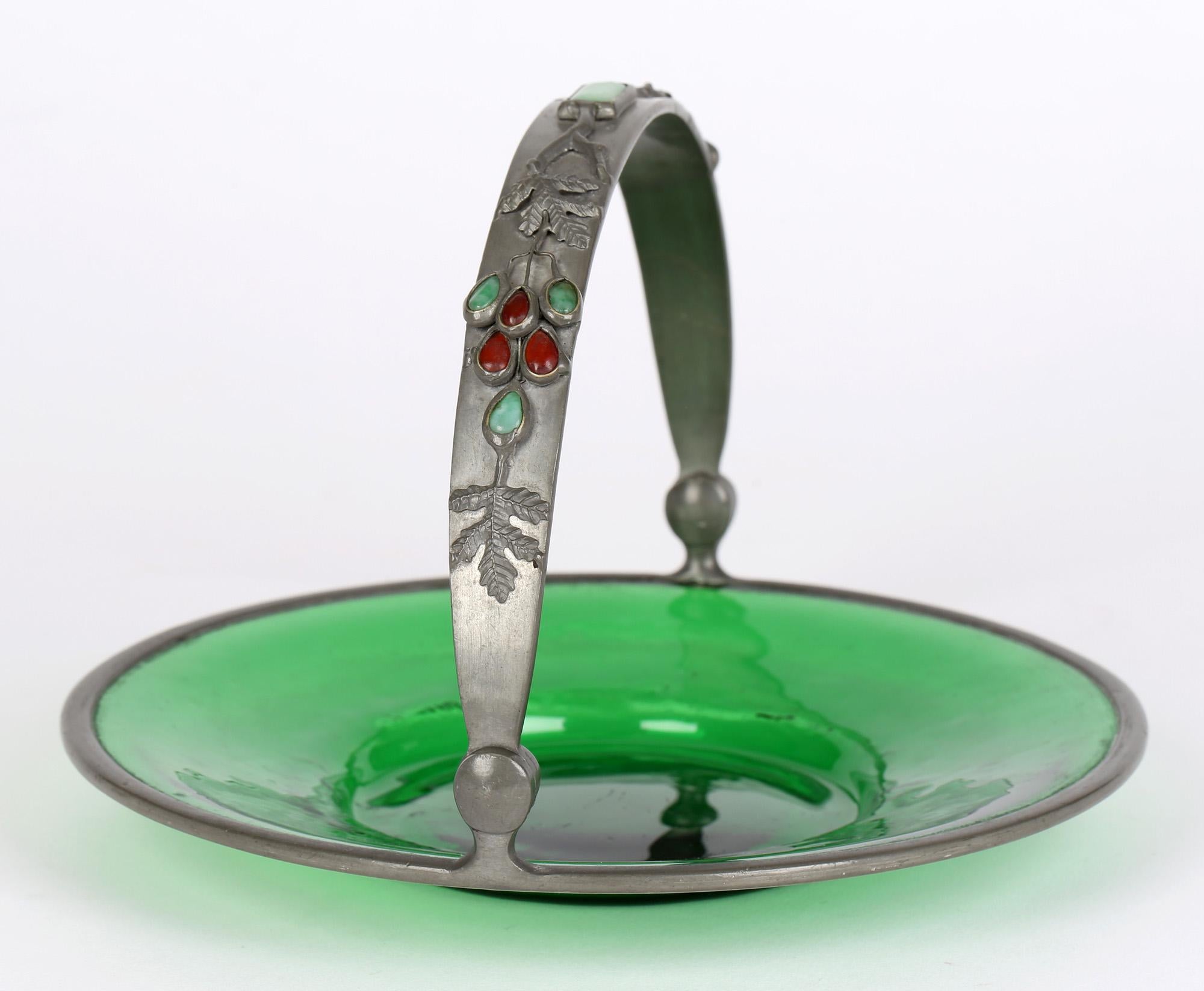 Arts & Crafts Gem Set Pewter Mounted Green Glass Dish For Sale 3
