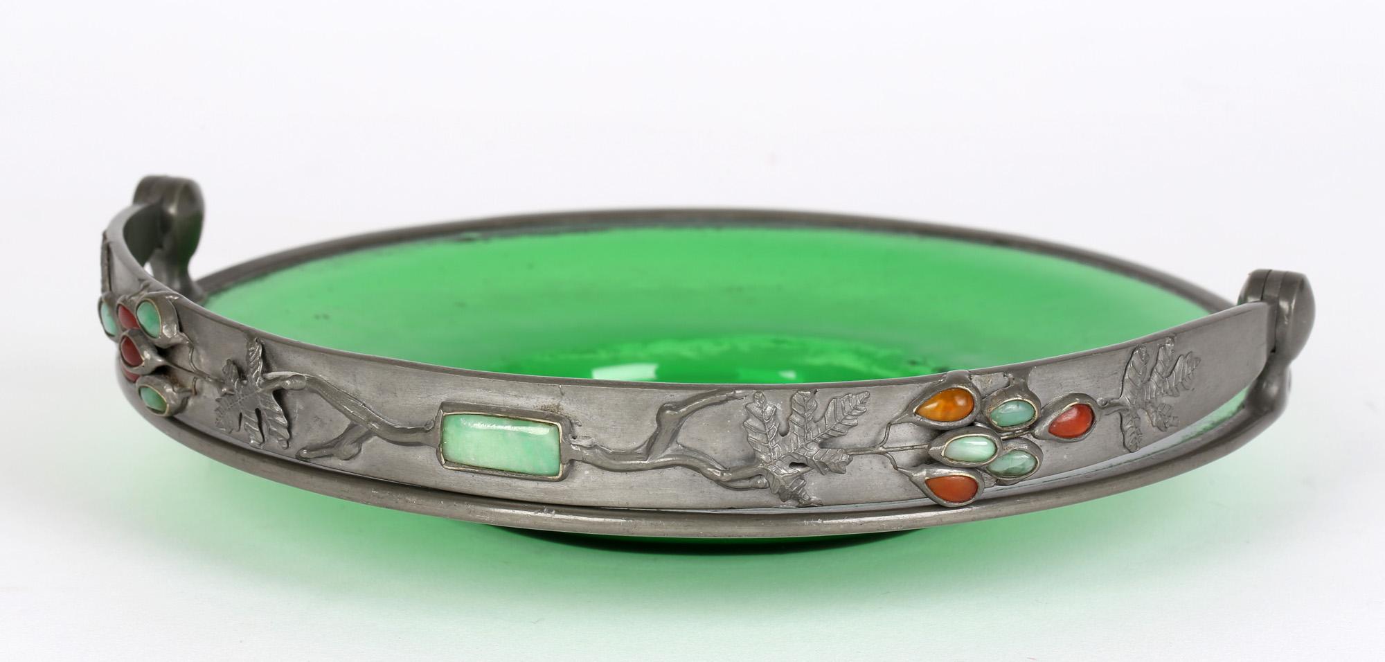 Arts & Crafts Gem Set Pewter Mounted Green Glass Dish For Sale 4
