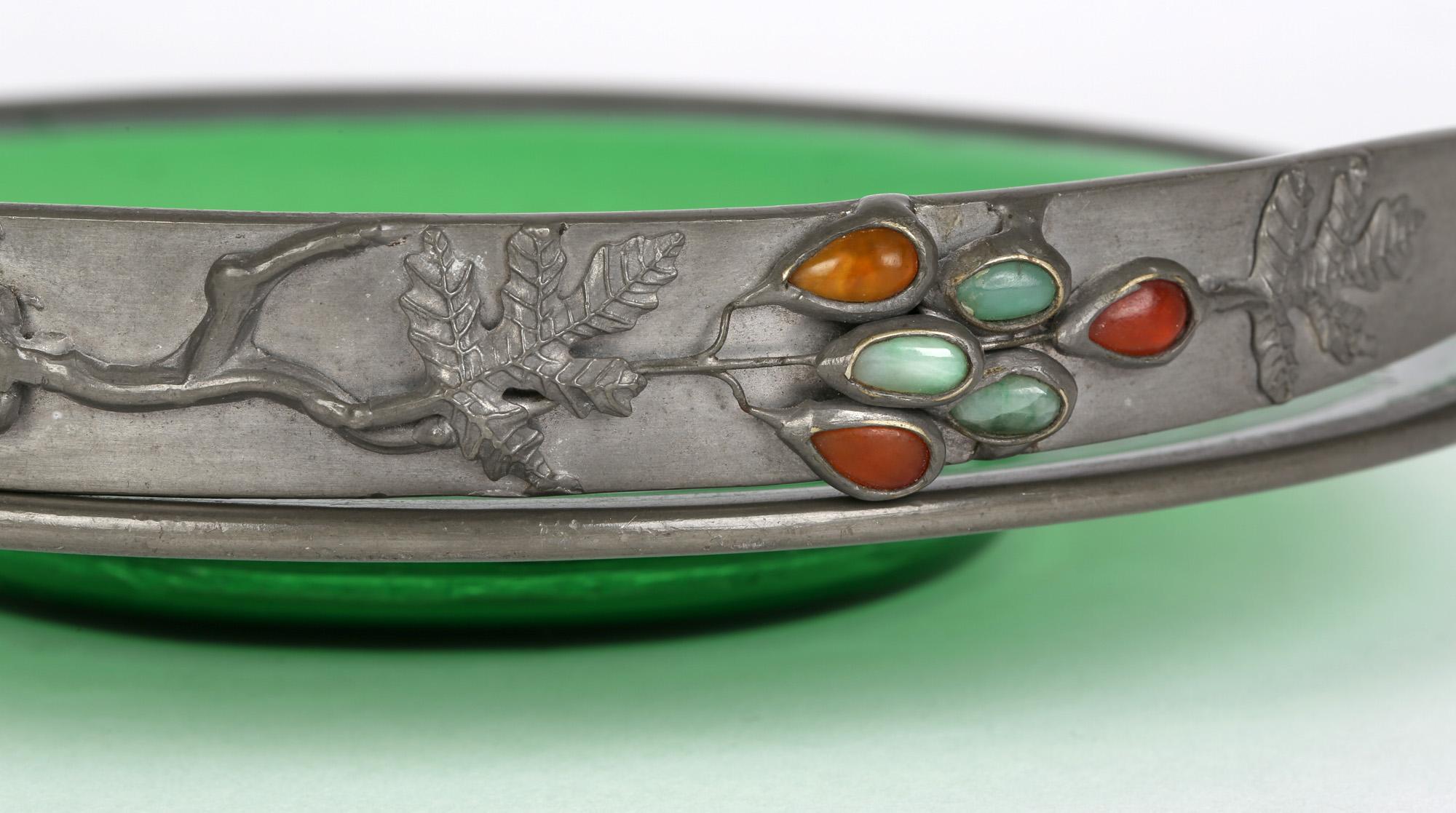 Arts & Crafts Gem Set Pewter Mounted Green Glass Dish For Sale 5