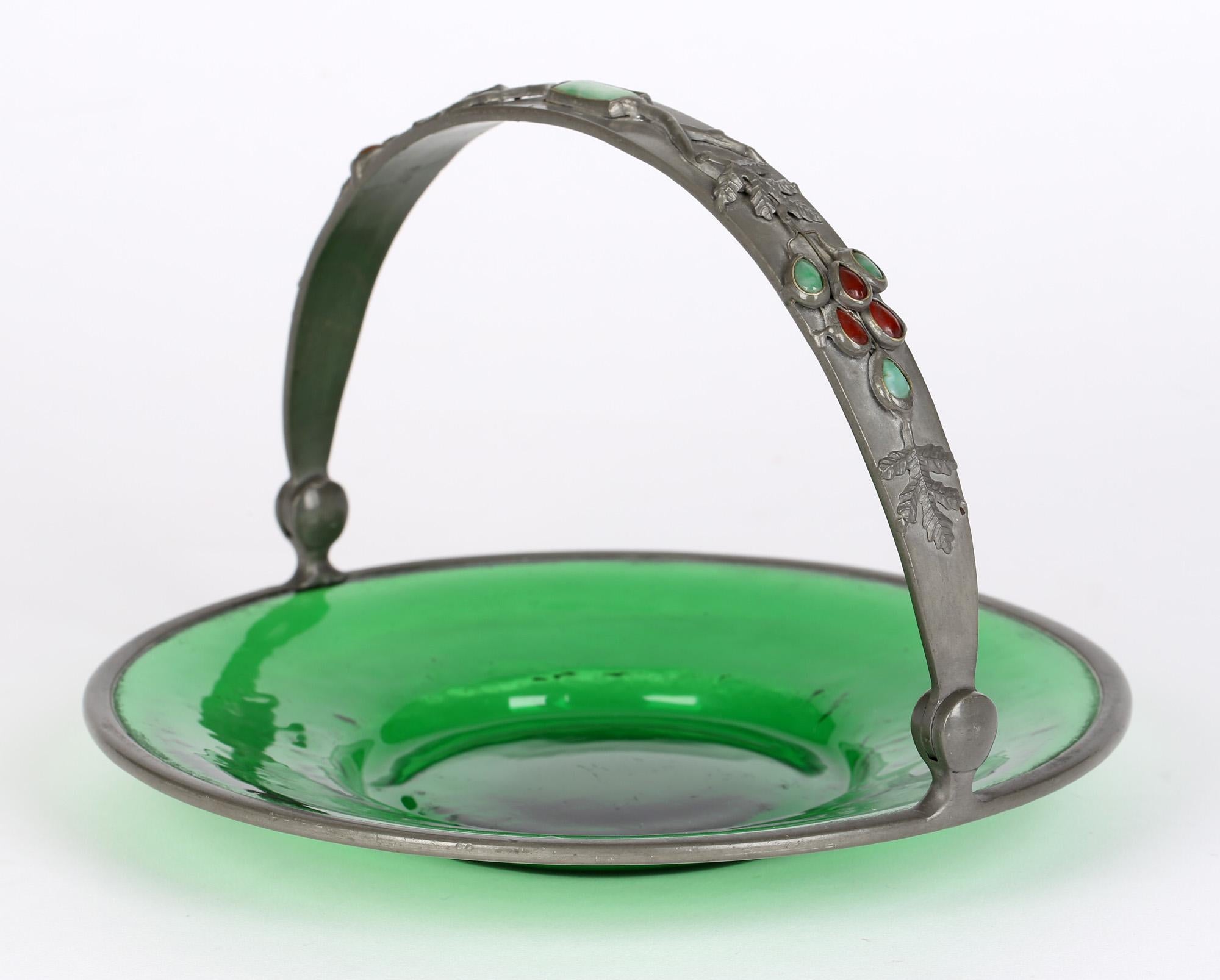 Arts & Crafts Gem Set Pewter Mounted Green Glass Dish For Sale 6