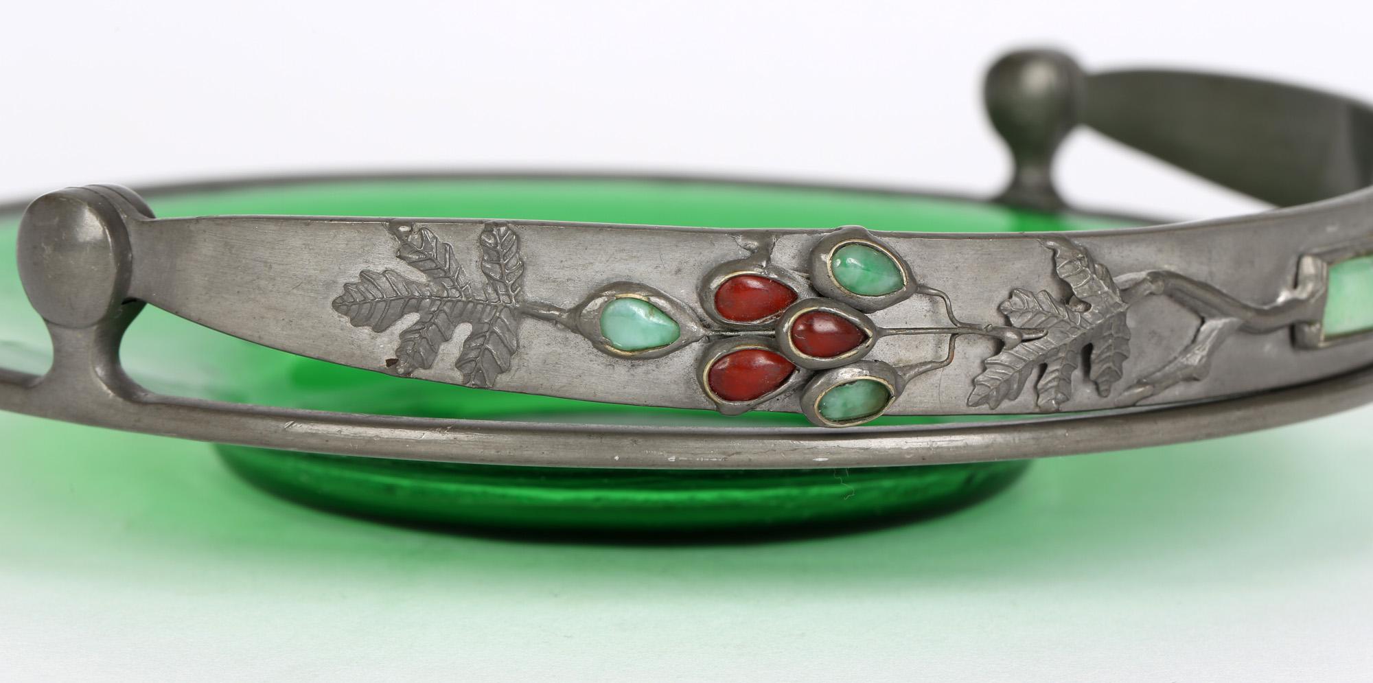 Hand-Crafted Arts & Crafts Gem Set Pewter Mounted Green Glass Dish For Sale