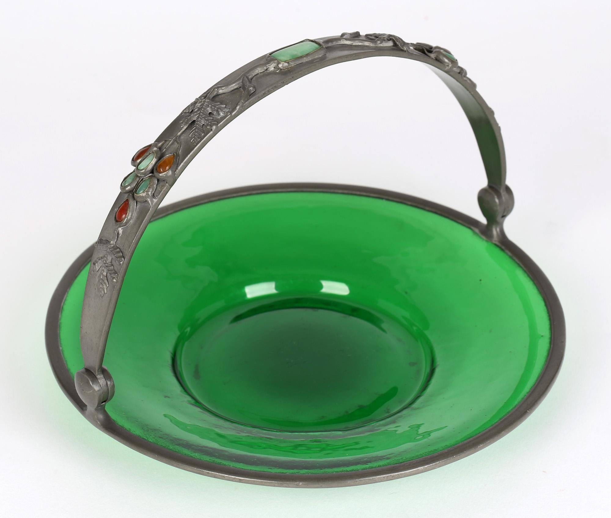 Hand-Crafted Arts & Crafts Gem Set Pewter Mounted Green Glass Dish For Sale
