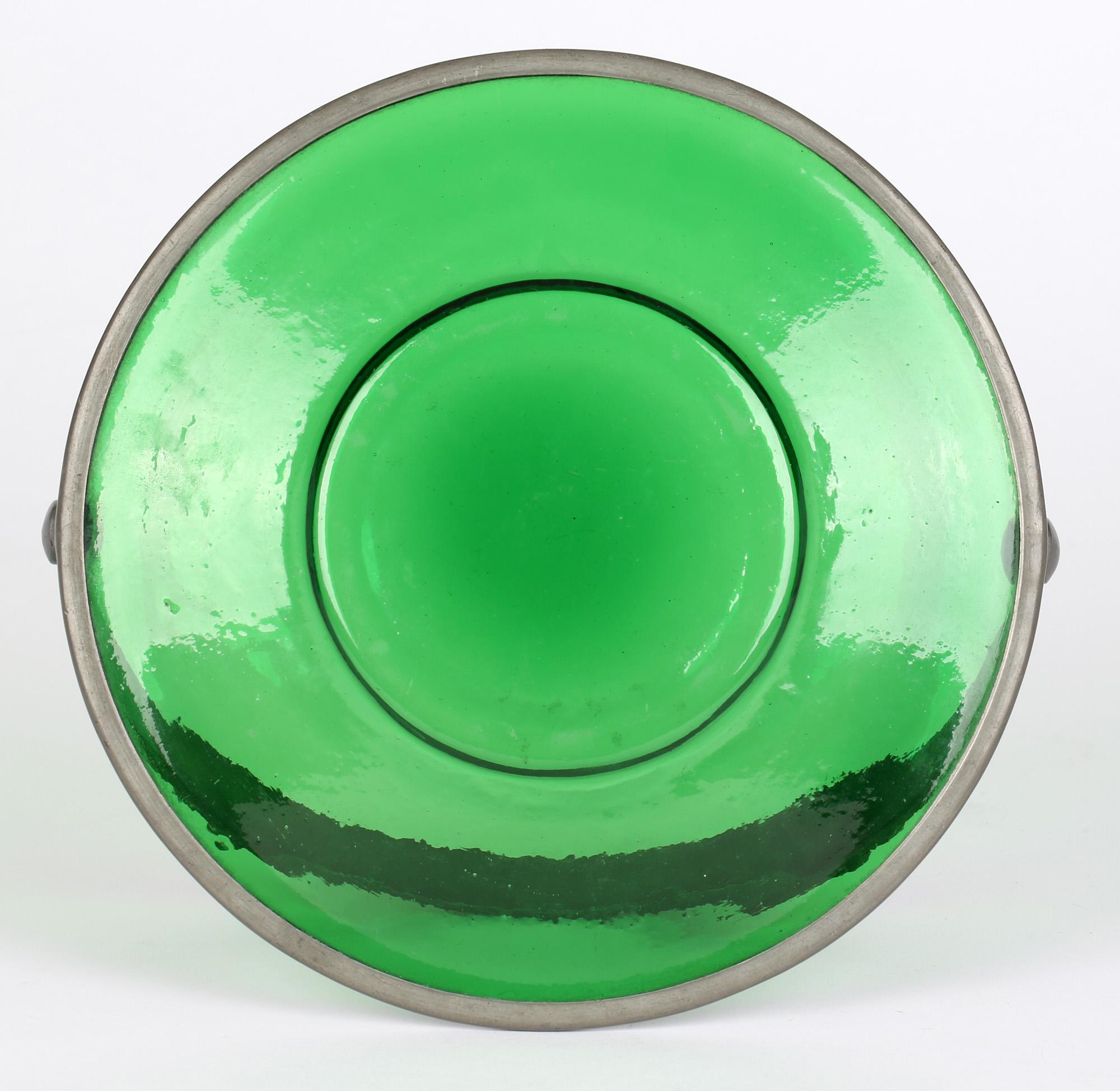 Arts & Crafts Gem Set Pewter Mounted Green Glass Dish In Good Condition For Sale In Bishop's Stortford, Hertfordshire