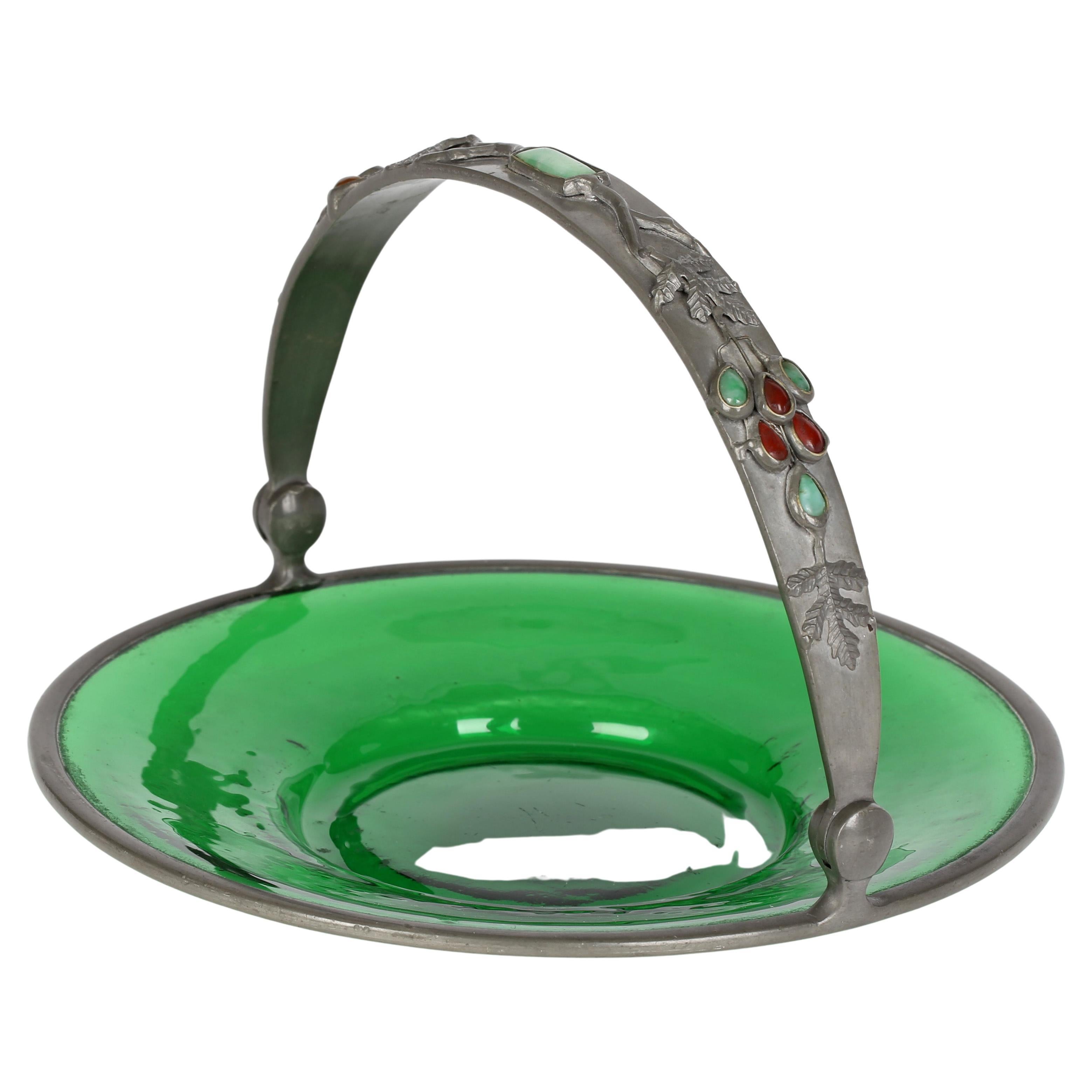 Arts & Crafts Gem Set Pewter Mounted Green Glass Dish For Sale