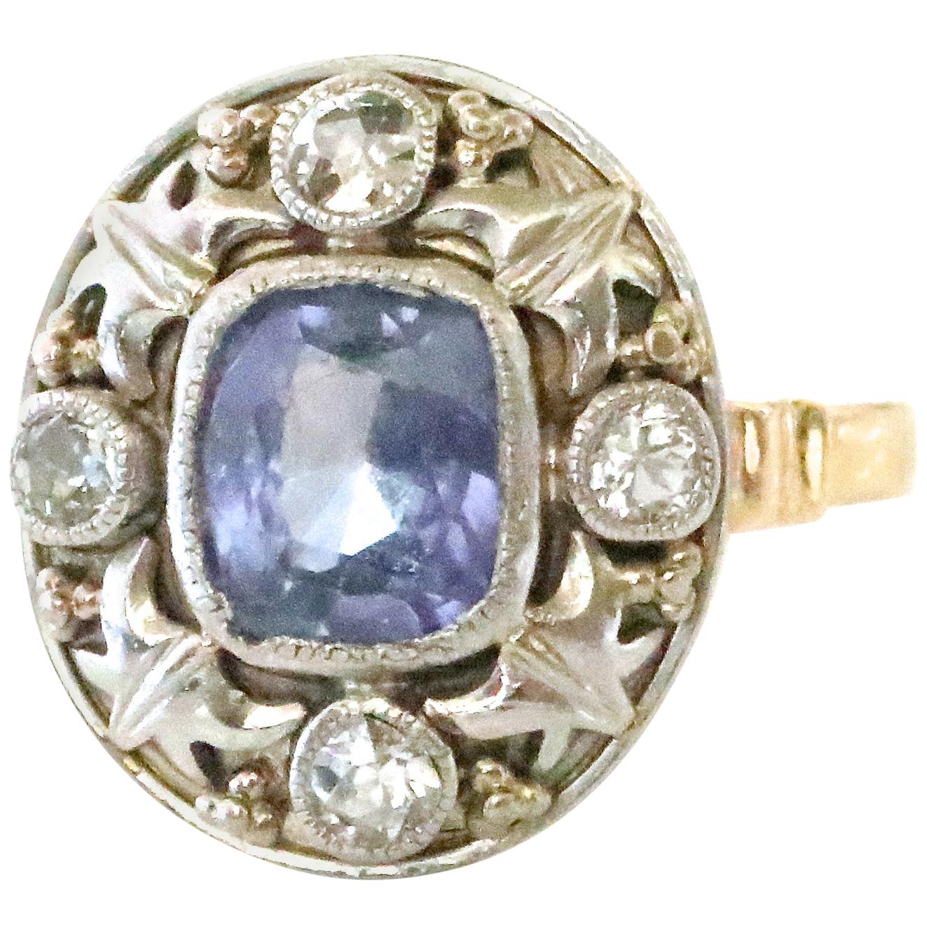 Arts & Crafts GIA No Heat Ceylon Step Cut Sapphire Diamond 14 Karat Gold Ring