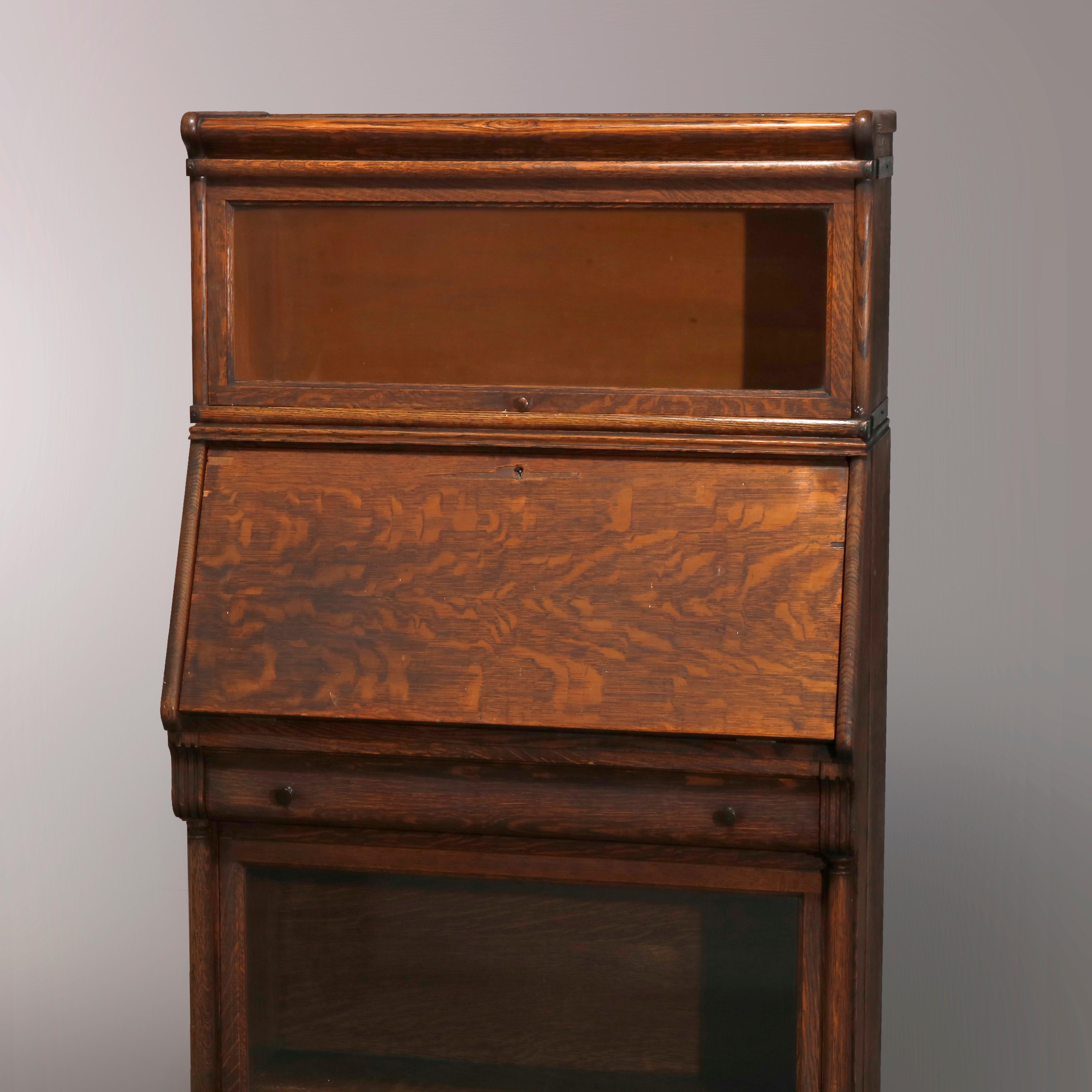 Carved Arts & Crafts Globe Wernicke Barrister Bookcase Slant Front Secretary circa 1910
