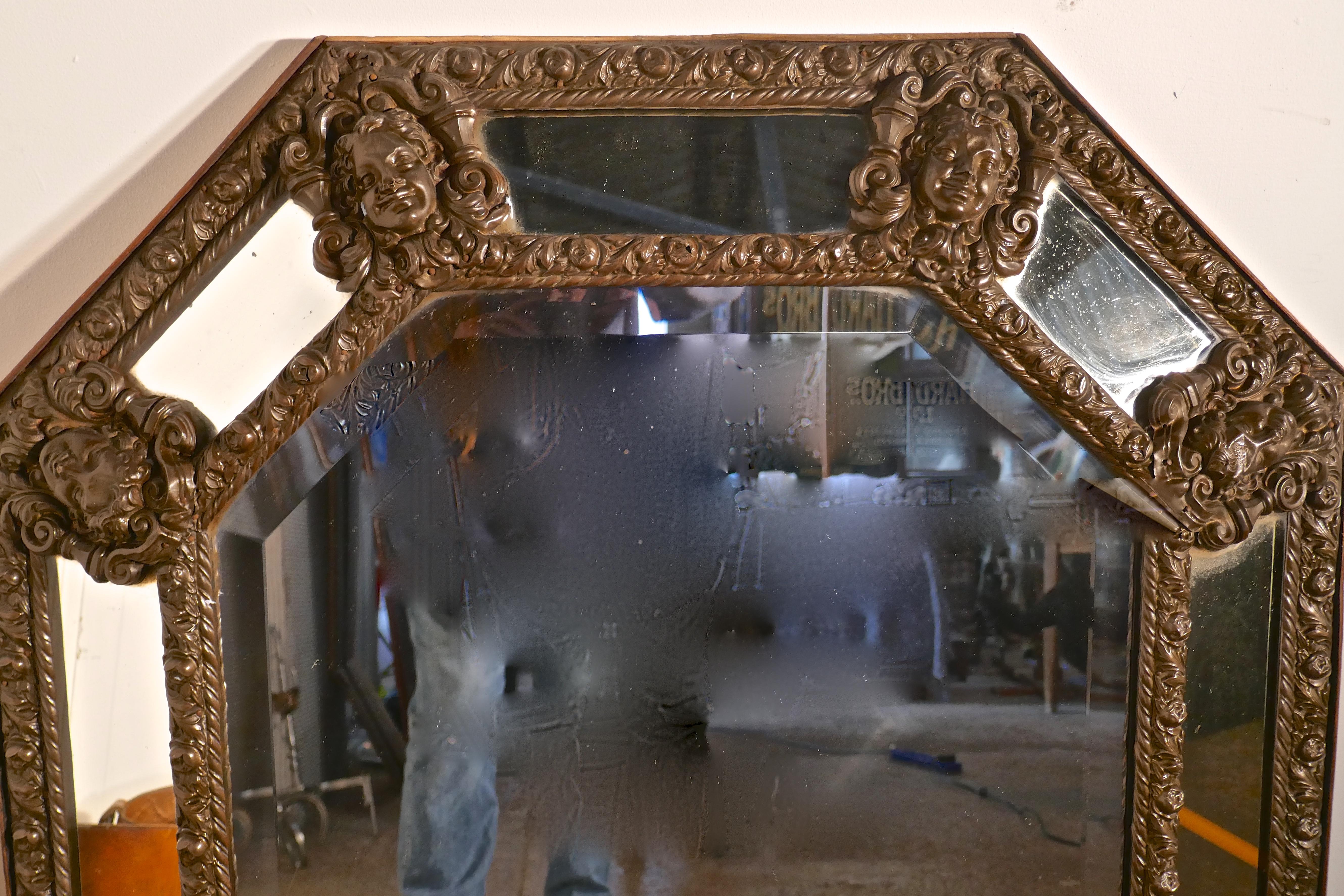 19th Century Arts & Crafts Gothic Brass Cushion Mirror