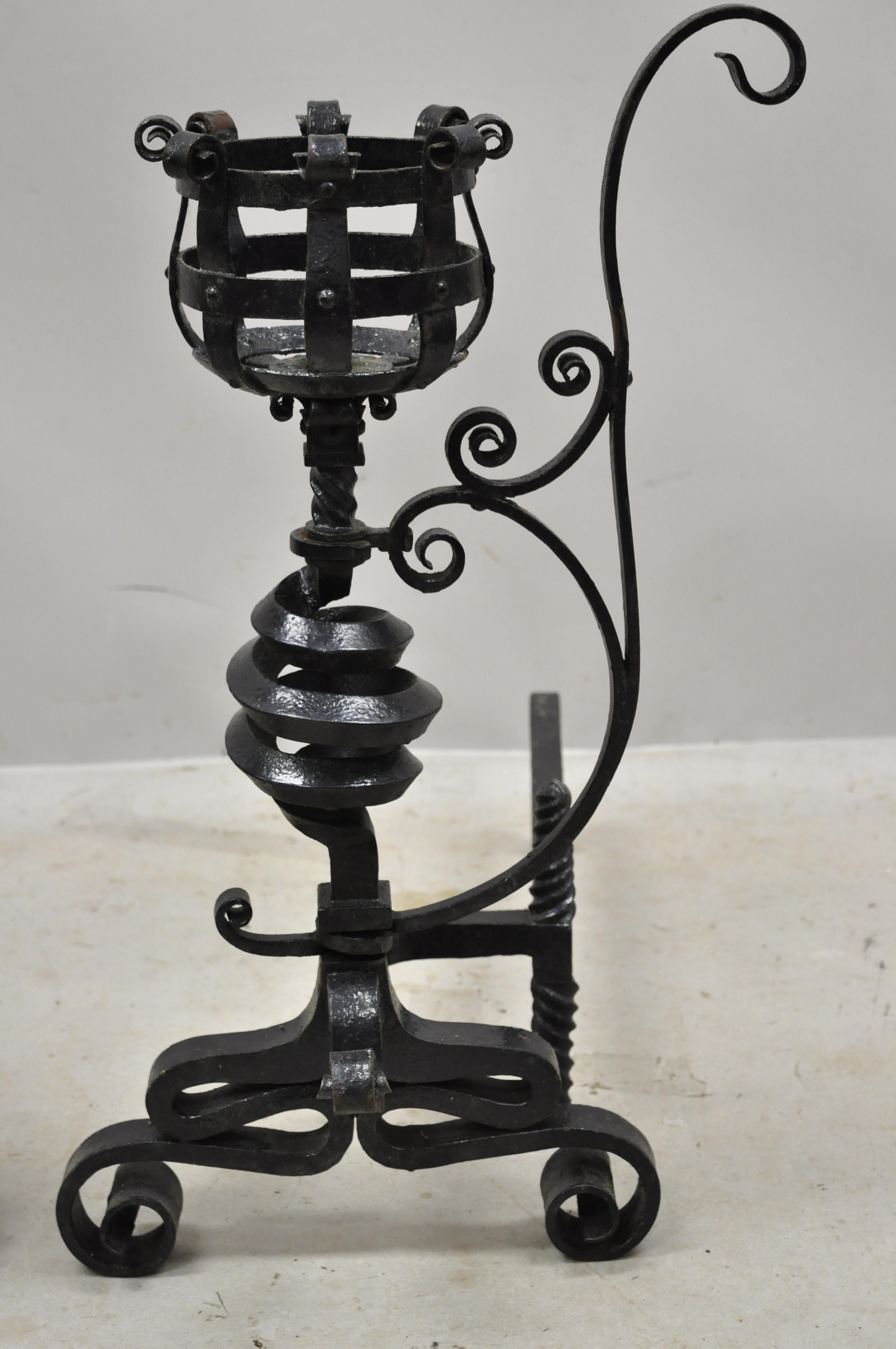 Arts & Crafts Gothic Cast Iron Spiral Scrollwork Fireplace Andirons, a Pair For Sale 3