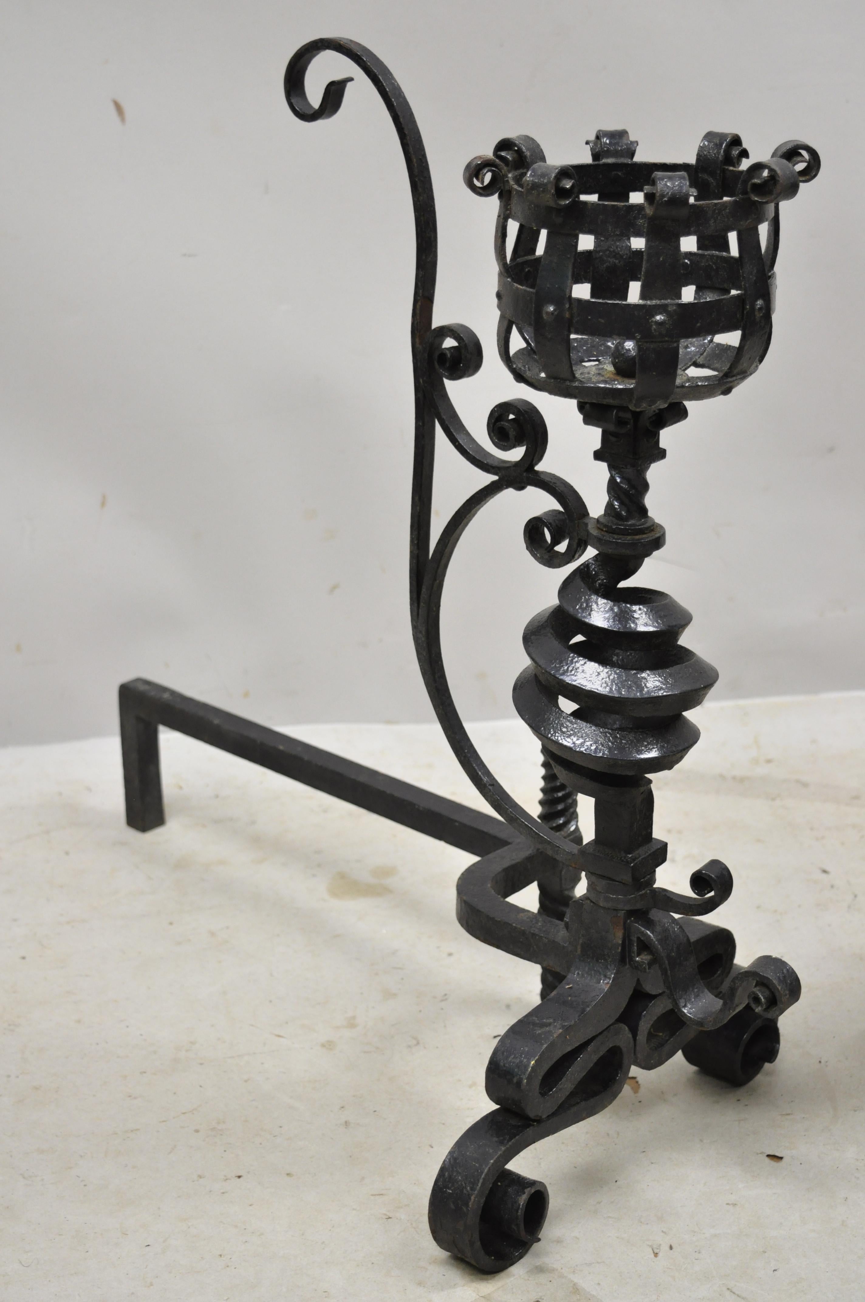 Arts & Crafts Gothic Cast Iron Spiral Scrollwork Fireplace Andirons, a Pair For Sale 4