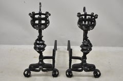 Arts & Crafts Gothic Cast Iron Spiral Scrollwork Fireplace Andirons, a Pair