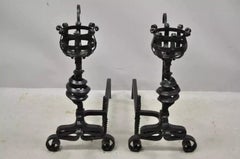 Arts & Crafts Gothic Cast Iron Spiral Scrollwork Fireplace Andirons - a Pair
