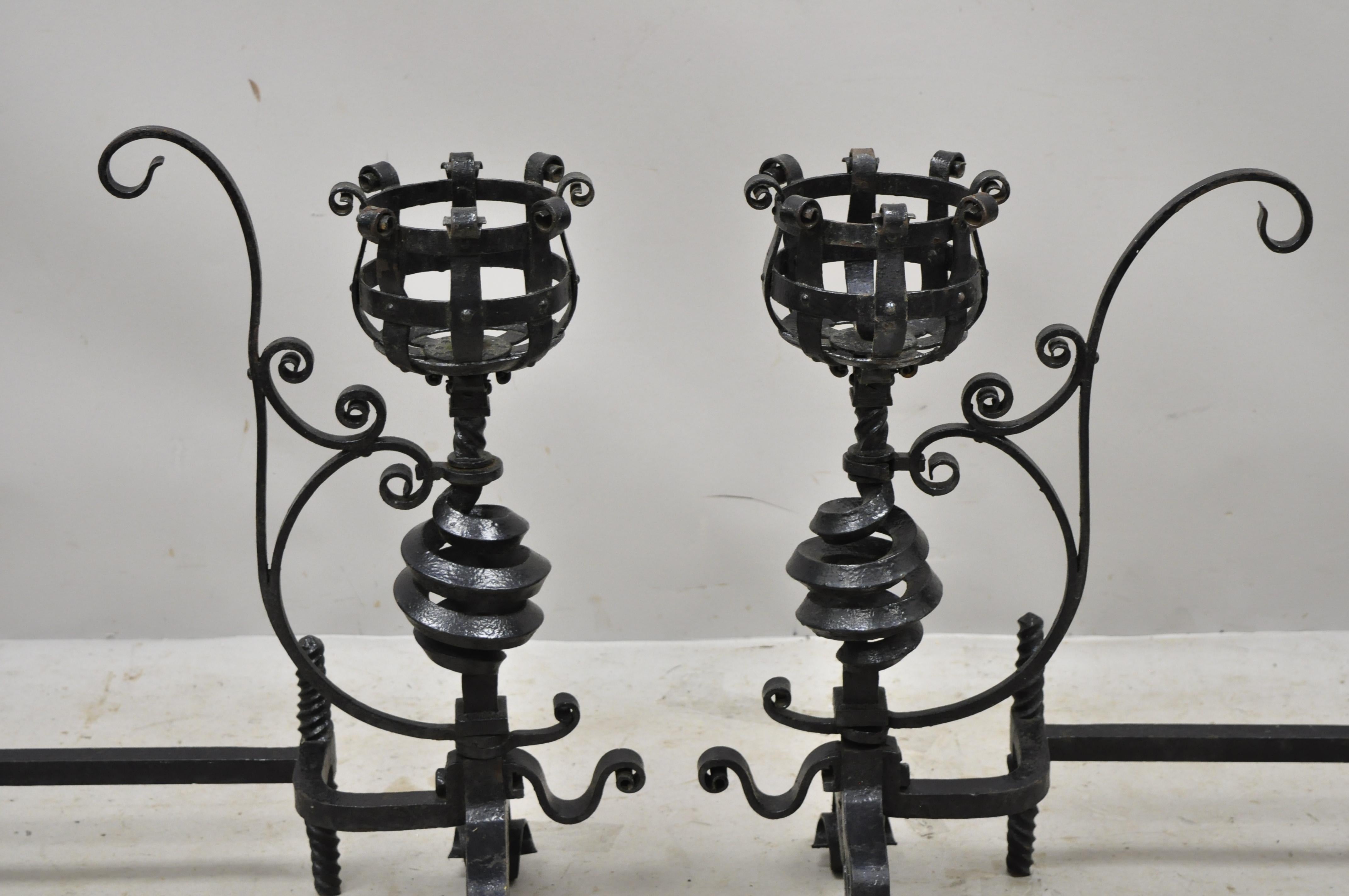 Arts and Crafts Arts & Crafts Gothic Cast Iron Spiral Scrollwork Fireplace Andirons, a Pair For Sale