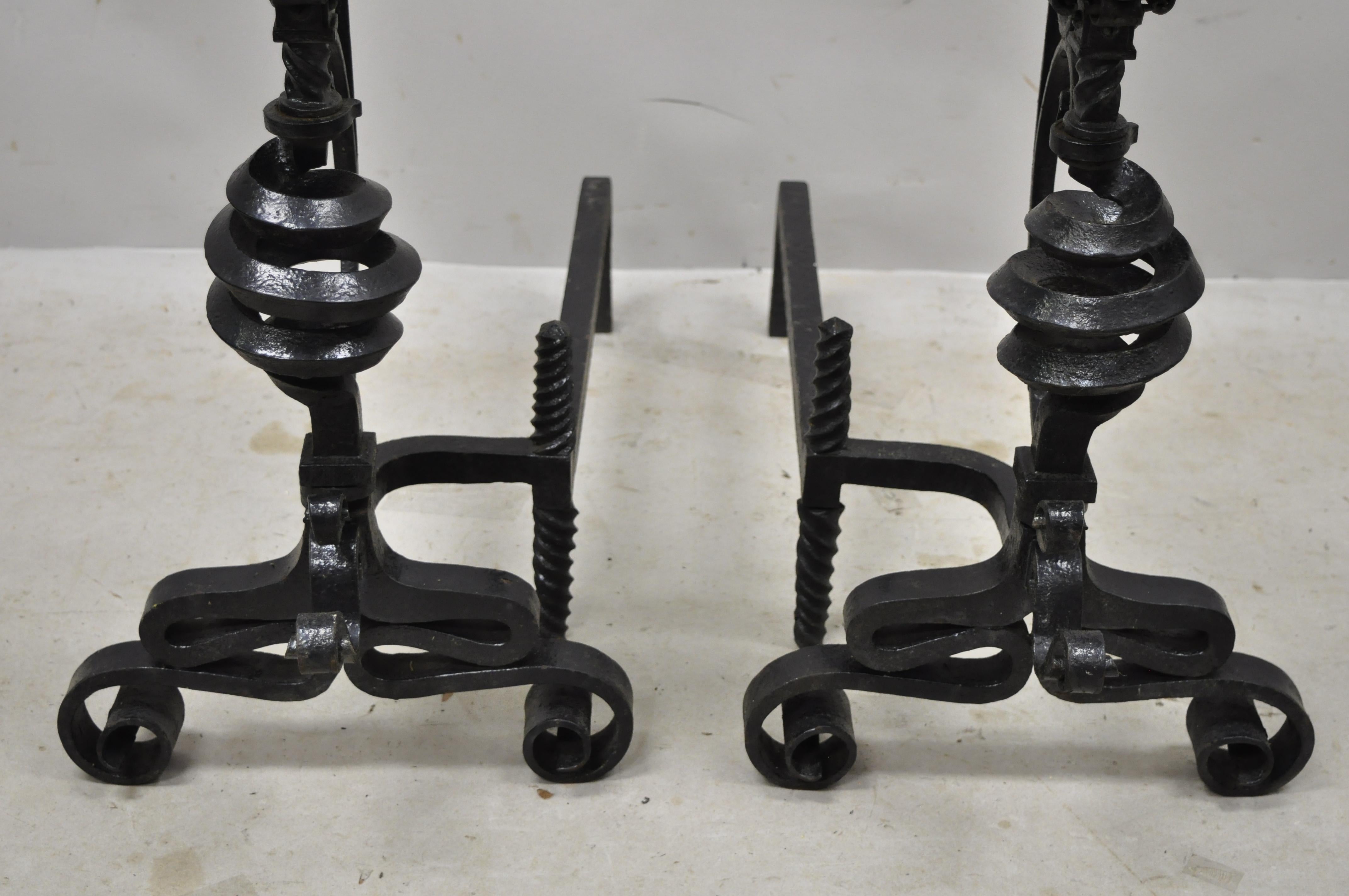 European Arts & Crafts Gothic Cast Iron Spiral Scrollwork Fireplace Andirons, a Pair For Sale
