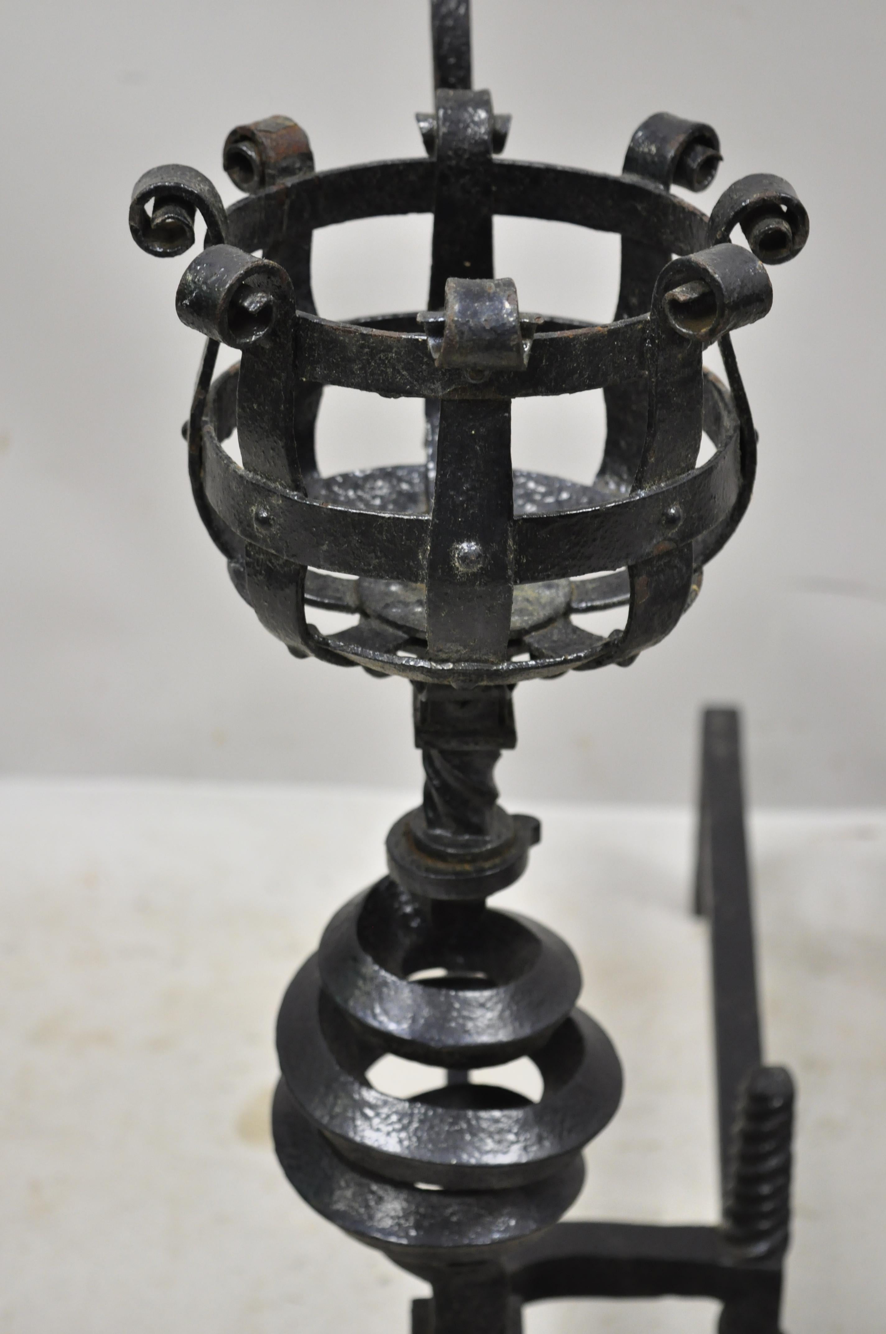 Arts & Crafts Gothic Cast Iron Spiral Scrollwork Fireplace Andirons, a Pair In Good Condition For Sale In Philadelphia, PA