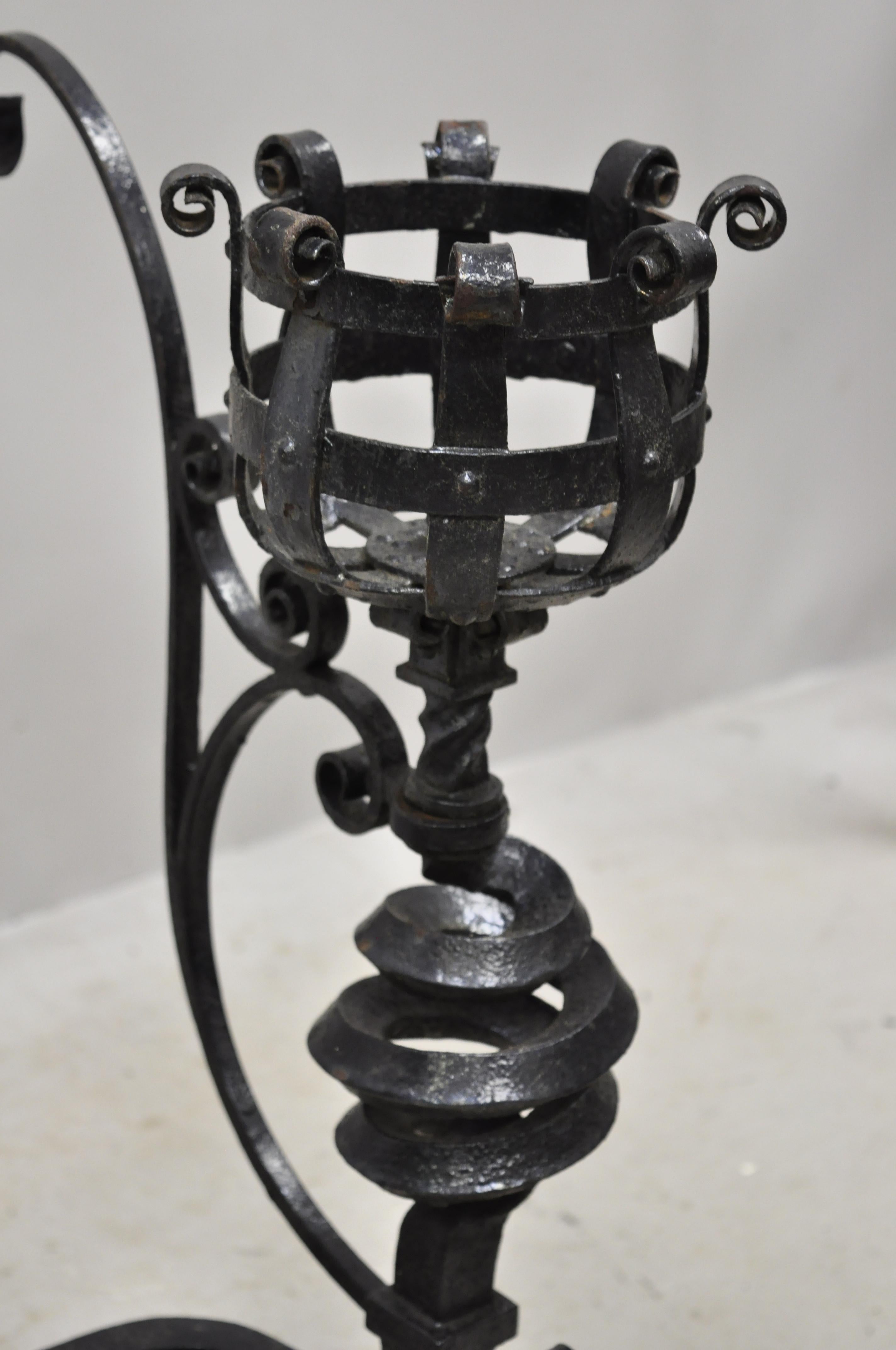 19th Century Arts & Crafts Gothic Cast Iron Spiral Scrollwork Fireplace Andirons, a Pair For Sale