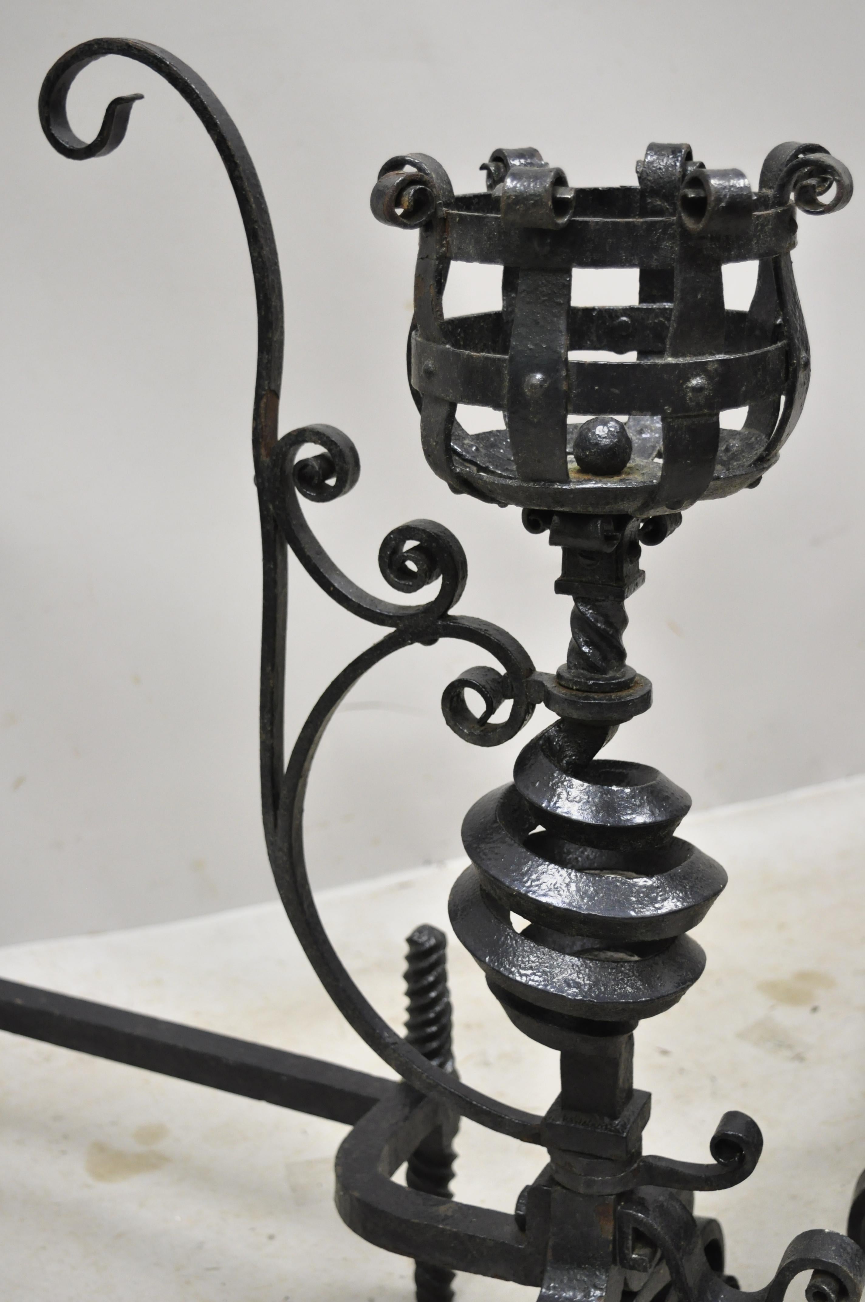 Arts & Crafts Gothic Cast Iron Spiral Scrollwork Fireplace Andirons, a Pair For Sale 1
