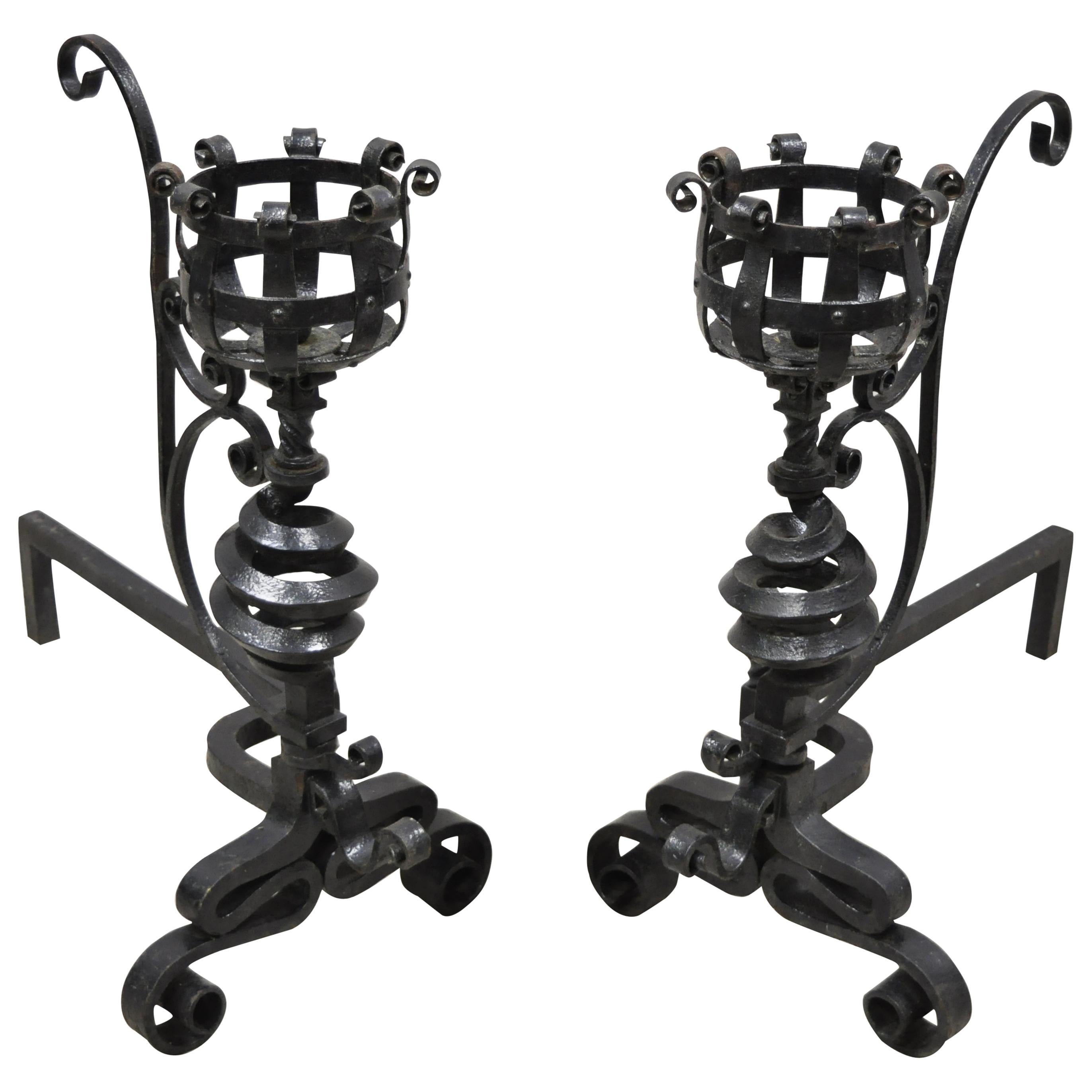 Arts & Crafts Gothic Cast Iron Spiral Scrollwork Fireplace Andirons, a Pair For Sale