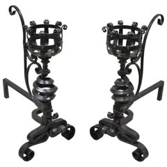 Antique Arts & Crafts Gothic Cast Iron Spiral Scrollwork Fireplace Andirons, a Pair