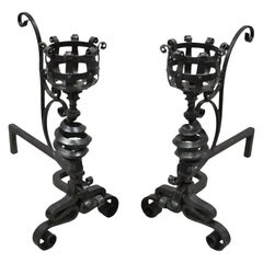 Arts & Crafts Gothic Cast Iron Spiral Scrollwork Fireplace Andirons - a Pair