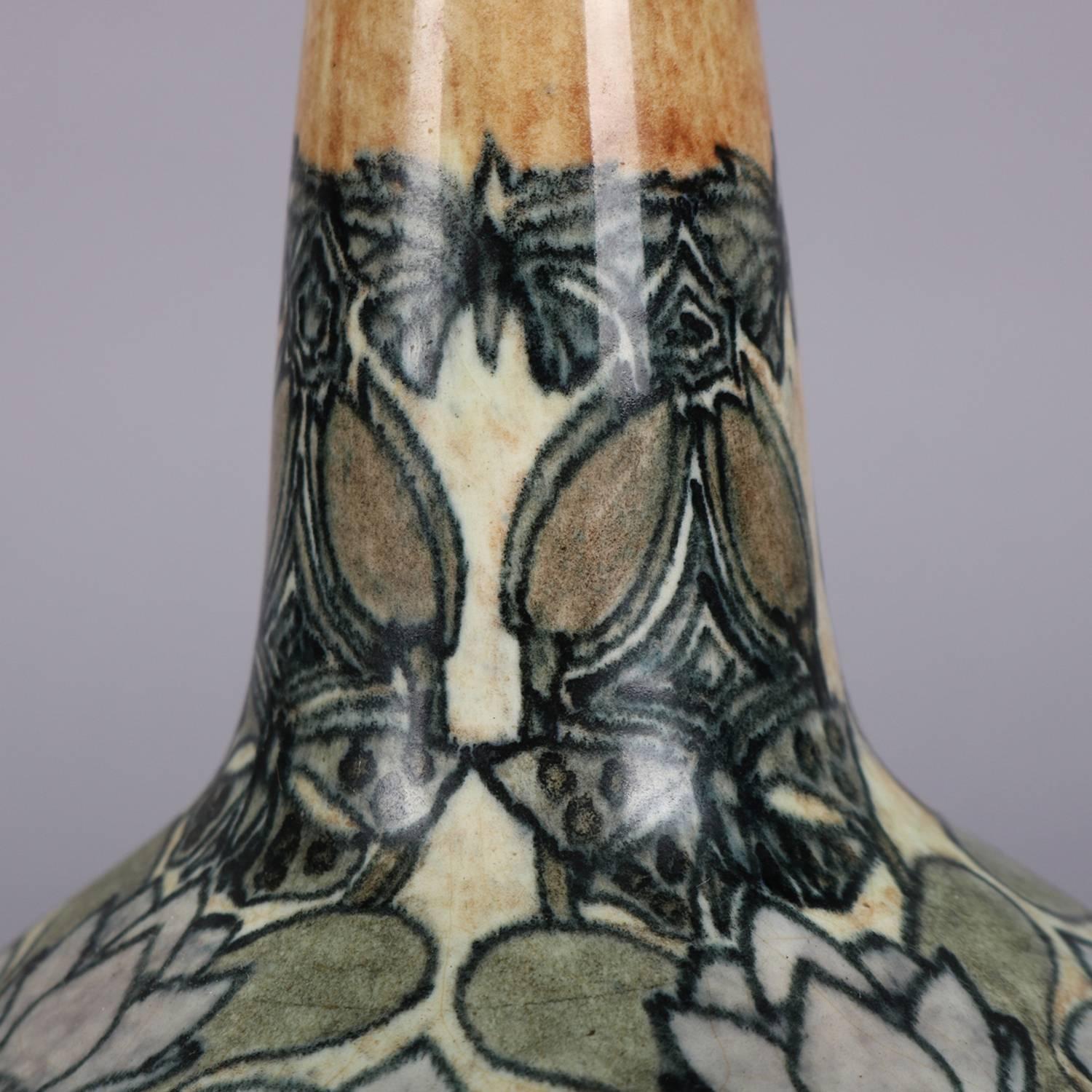 Arts & Crafts Gouda School Art Pottery Stylized Floral Bud Vase Signed In Good Condition In Big Flats, NY