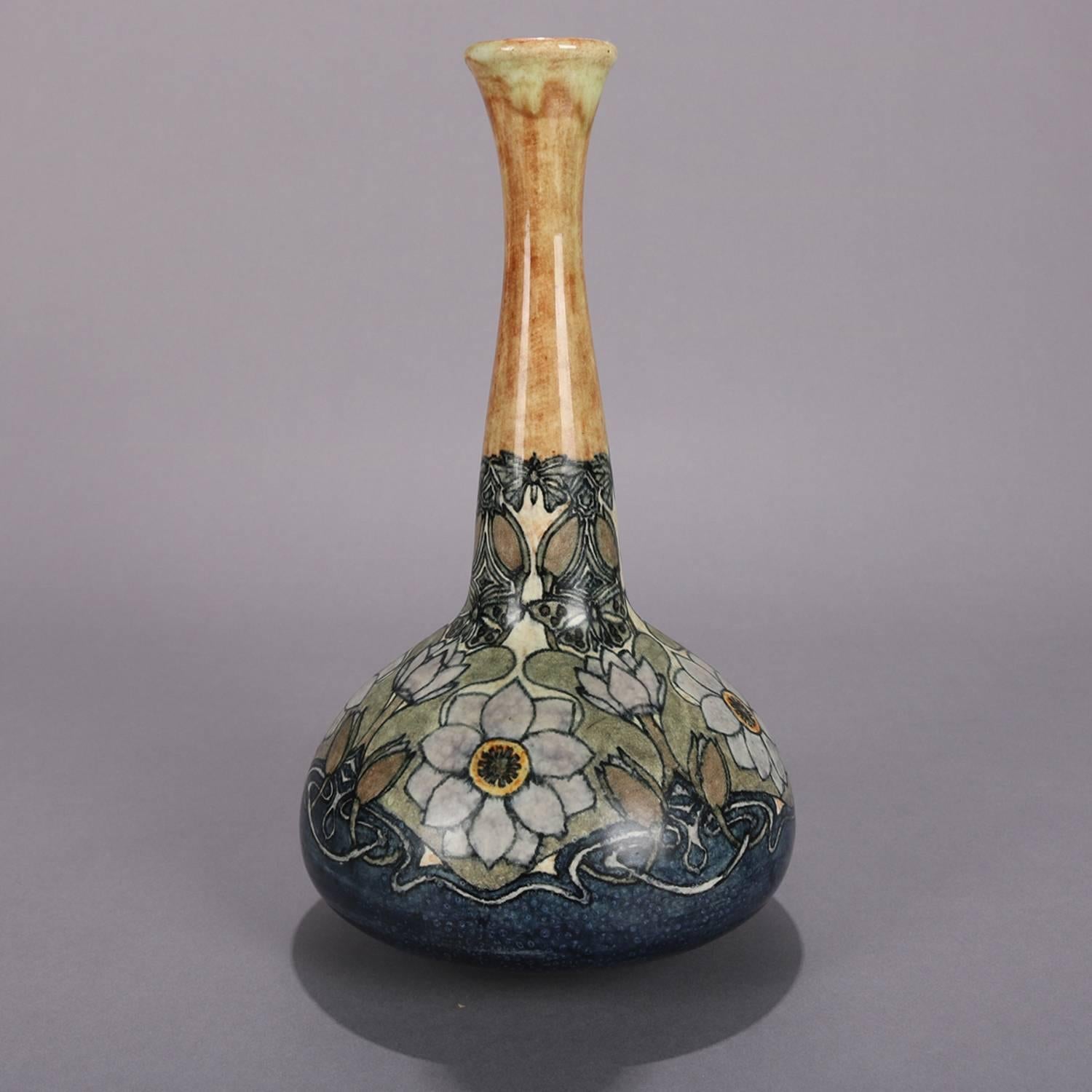 20th Century Arts & Crafts Gouda School Art Pottery Stylized Floral Bud Vase Signed
