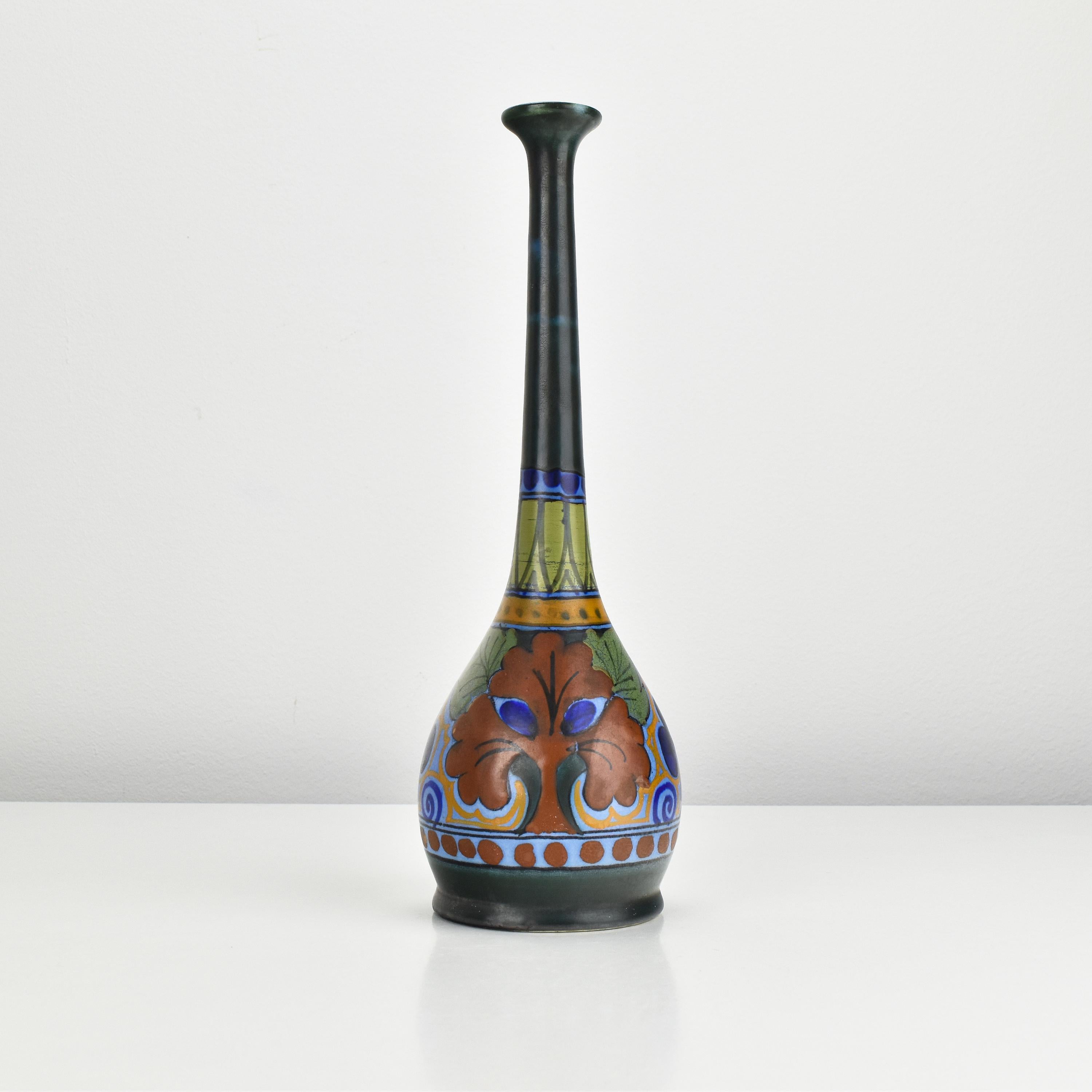 Art Nouveau Arts & Crafts Gouda School Art Pottery Stylized Floral Soliflor Stem Vase Azurea For Sale