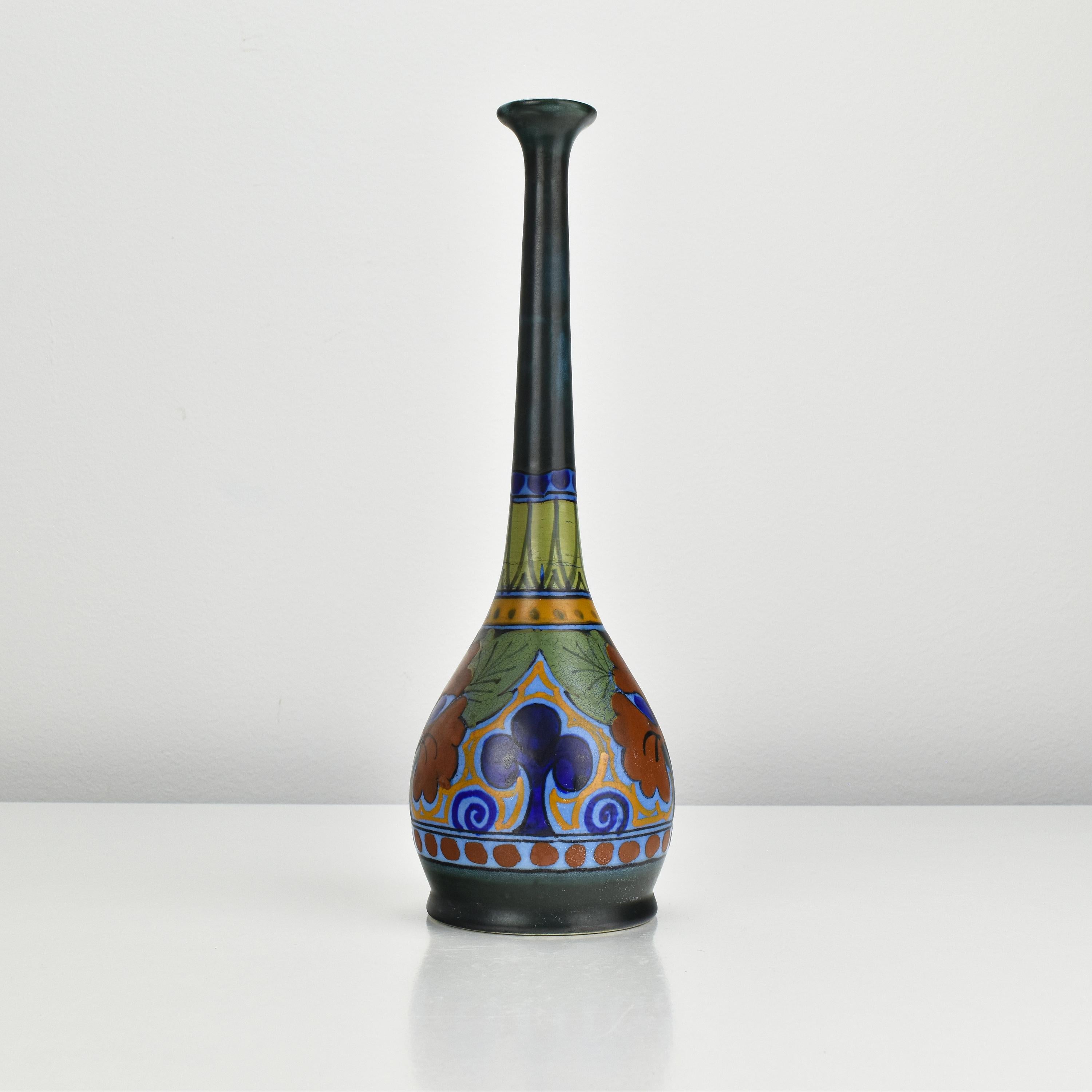Hand-Crafted Arts & Crafts Gouda School Art Pottery Stylized Floral Soliflor Stem Vase Azurea For Sale
