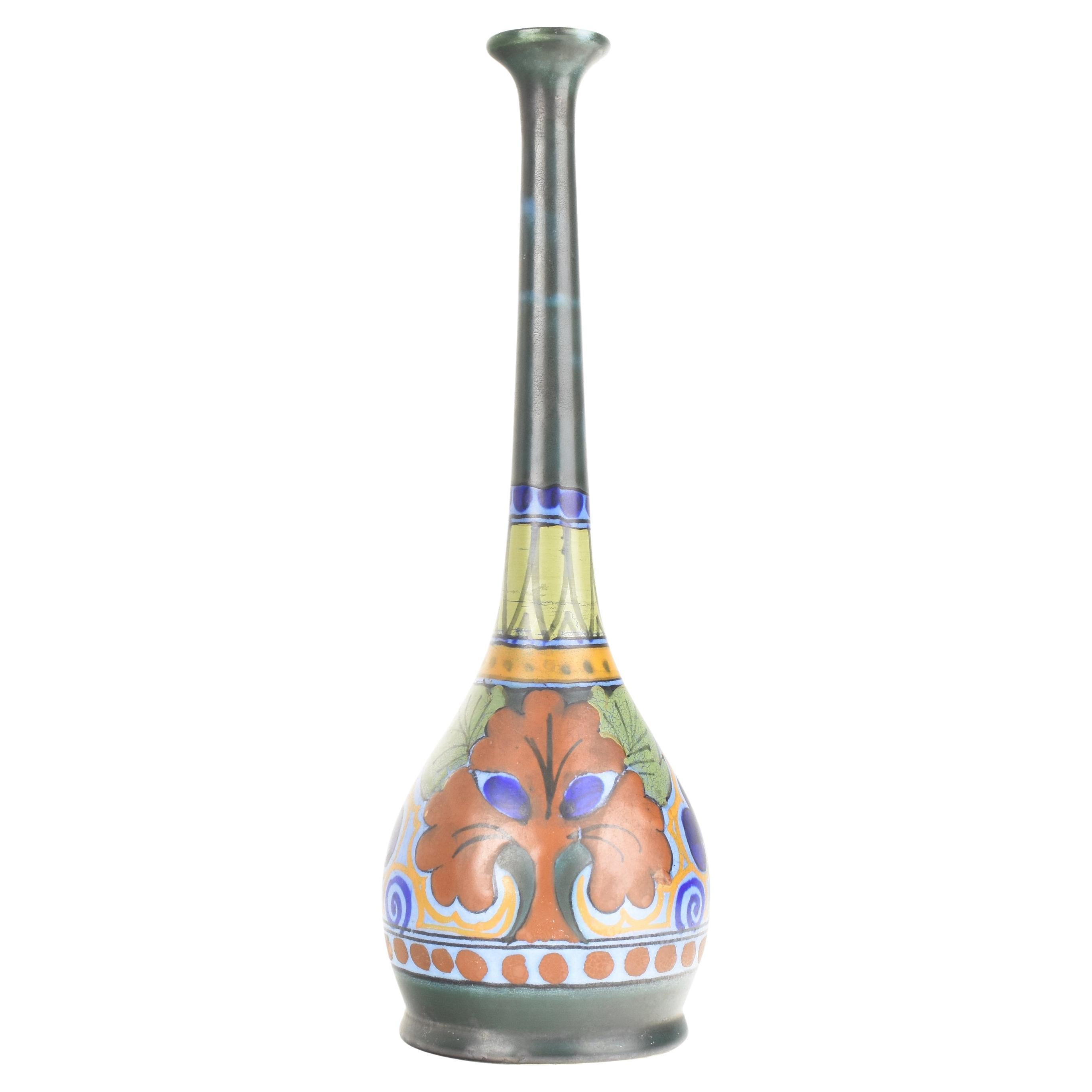 Arts & Crafts Gouda School Art Pottery Stylized Floral Soliflor Stem Vase Azurea