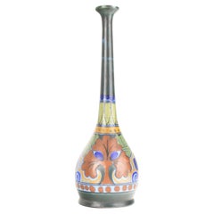 Antique Arts & Crafts Gouda School Art Pottery Stylized Floral Soliflor Stem Vase Azurea
