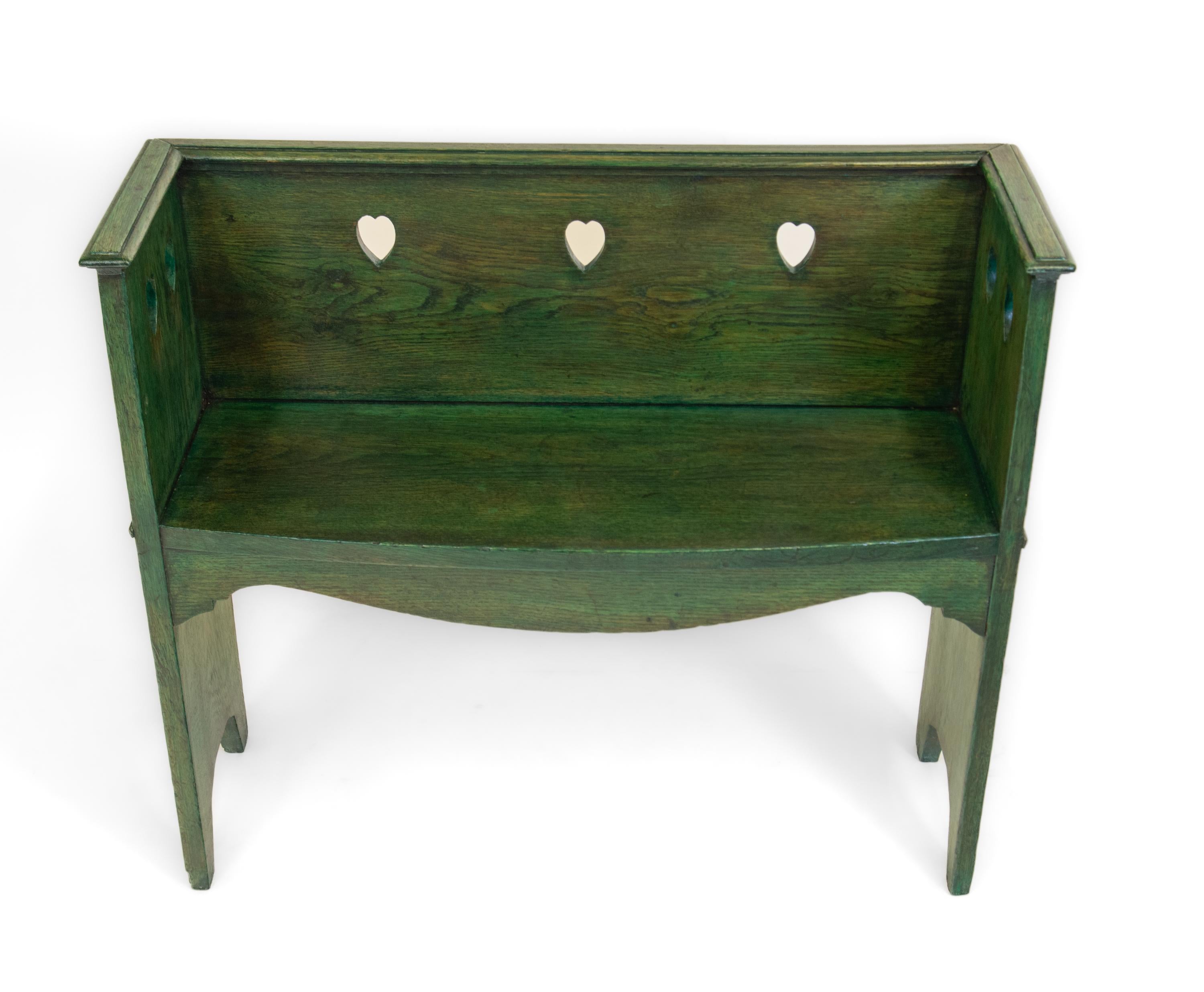 Arts & Crafts Green Stained Oak Small Bench Seat Heart Shape Decoration 5