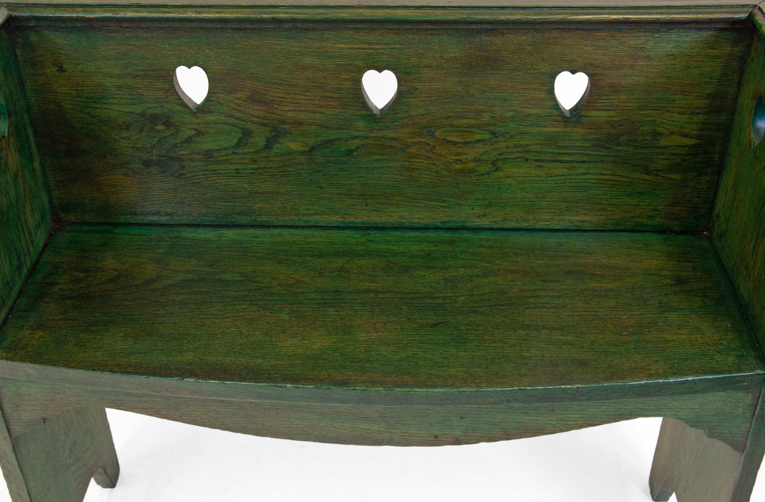 Arts and Crafts Arts & Crafts Green Stained Oak Small Bench Seat Heart Shape Decoration