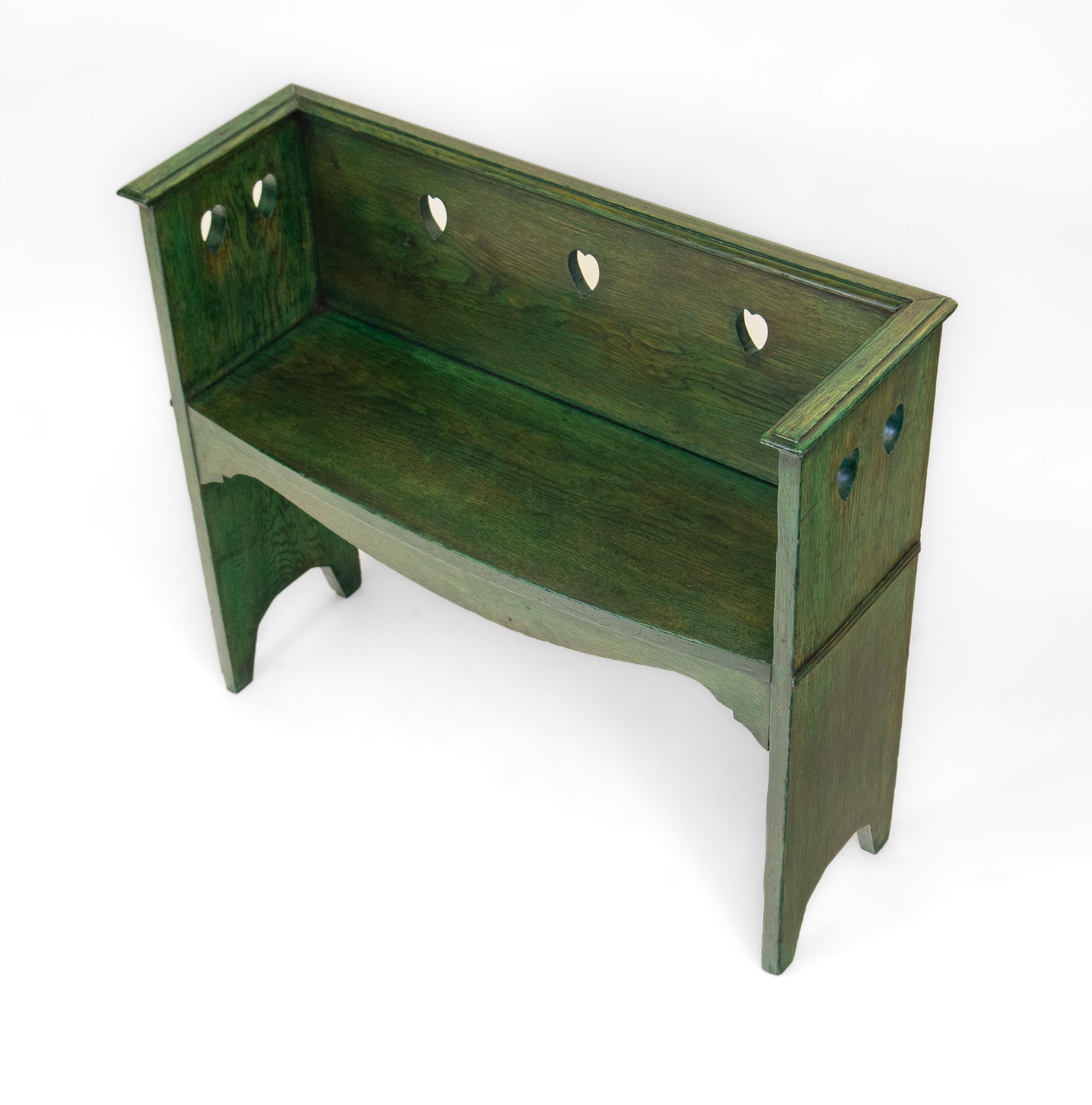 English Arts & Crafts Green Stained Oak Small Bench Seat Heart Shape Decoration