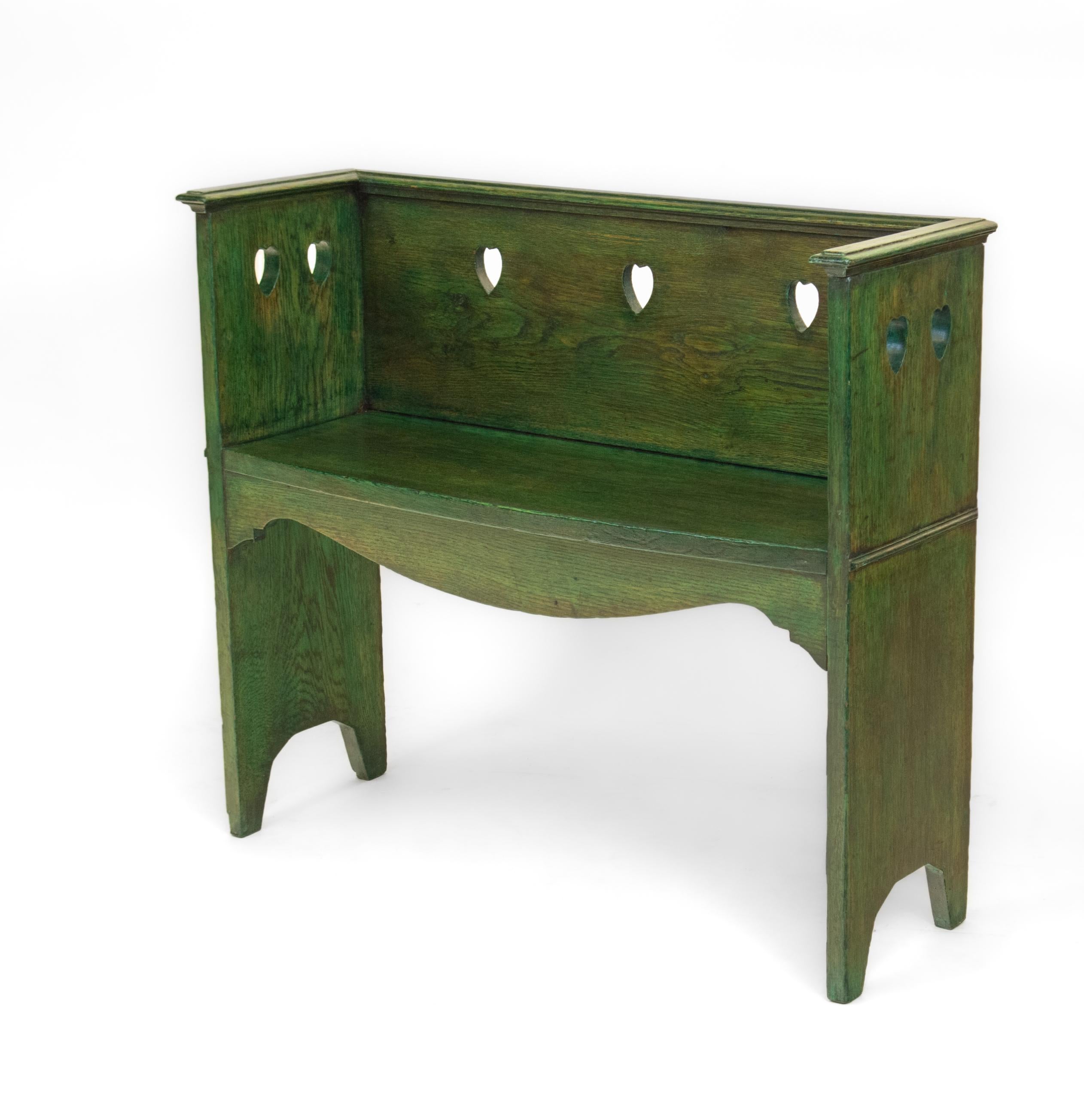 20th Century Arts & Crafts Green Stained Oak Small Bench Seat Heart Shape Decoration