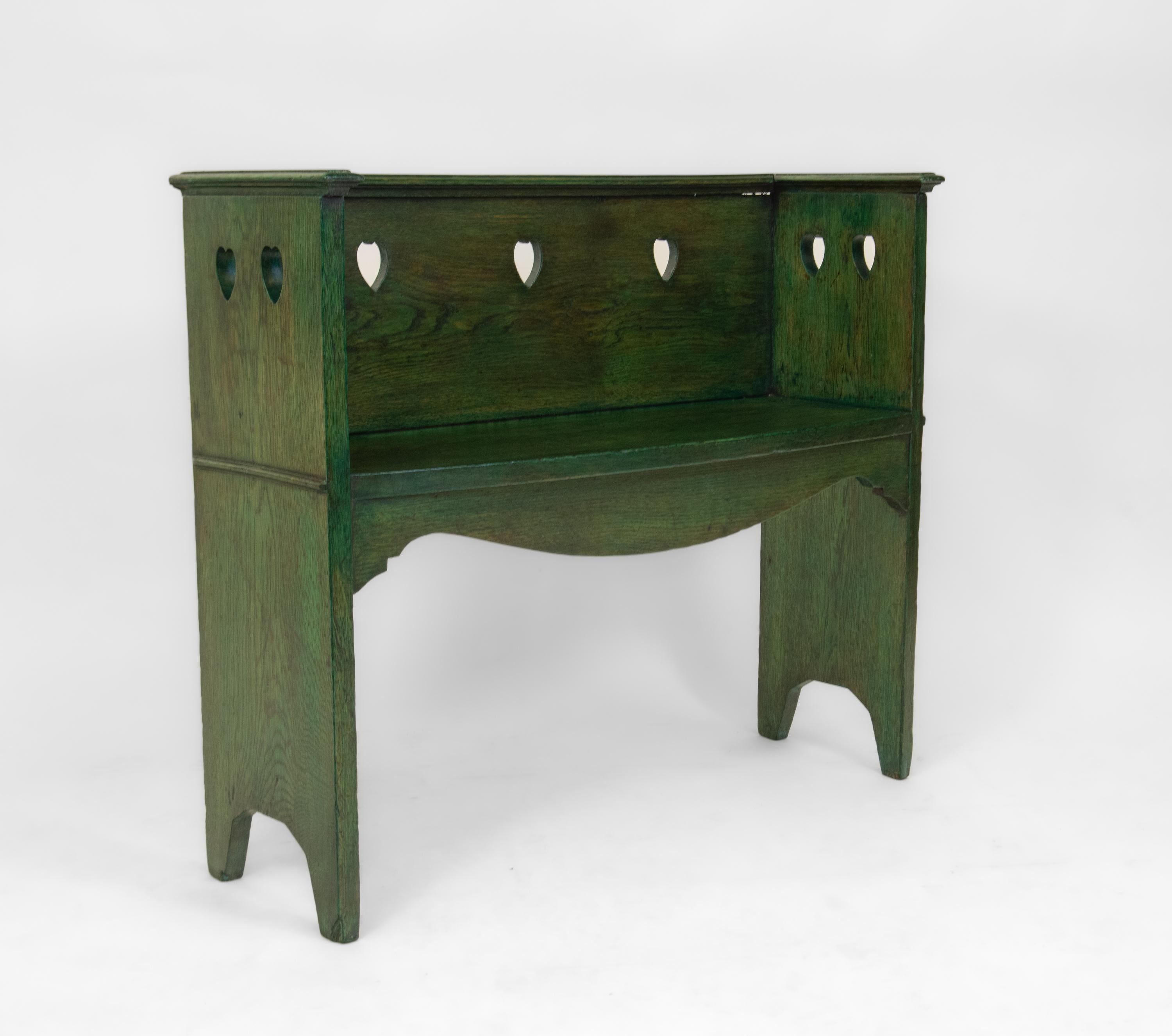 Arts & Crafts Green Stained Oak Small Bench Seat Heart Shape Decoration 1