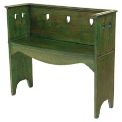 Arts & Crafts Green Stained Oak Small Bench Seat Heart Shape Decoration