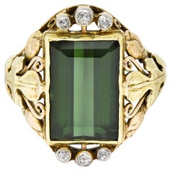 Antique Arts & Crafts Green Tourmaline Diamond 14 Karat Tri-Colored Gold Unisex Foliate