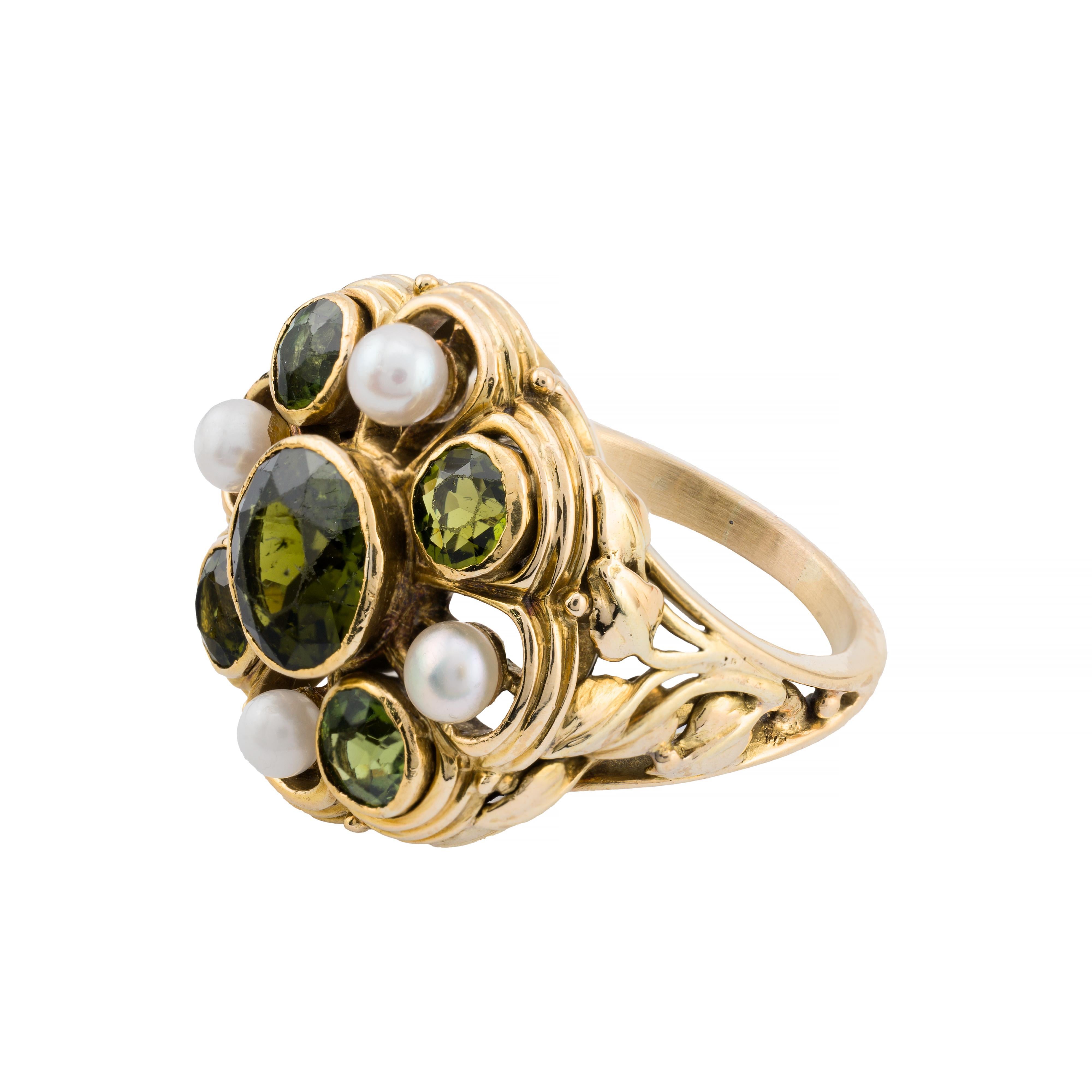 Art Nouveau Arts & Crafts Green Tourmaline, Natural Pearl Foliate Motif Ring 14K Gold