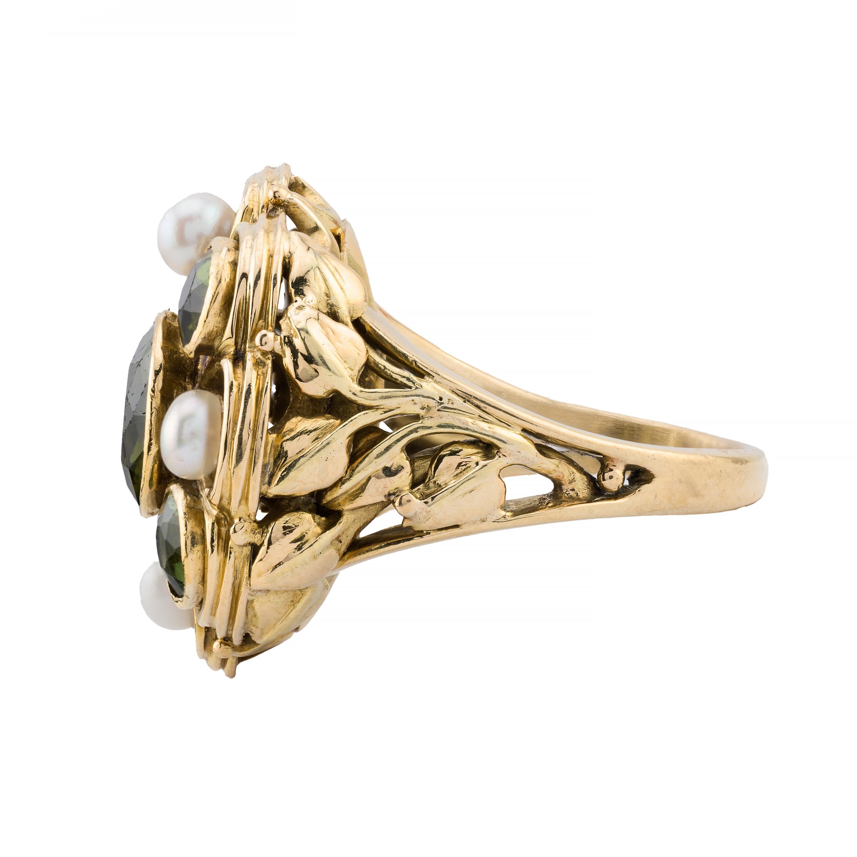 Old European Cut Arts & Crafts Green Tourmaline, Natural Pearl Foliate Motif Ring 14K Gold